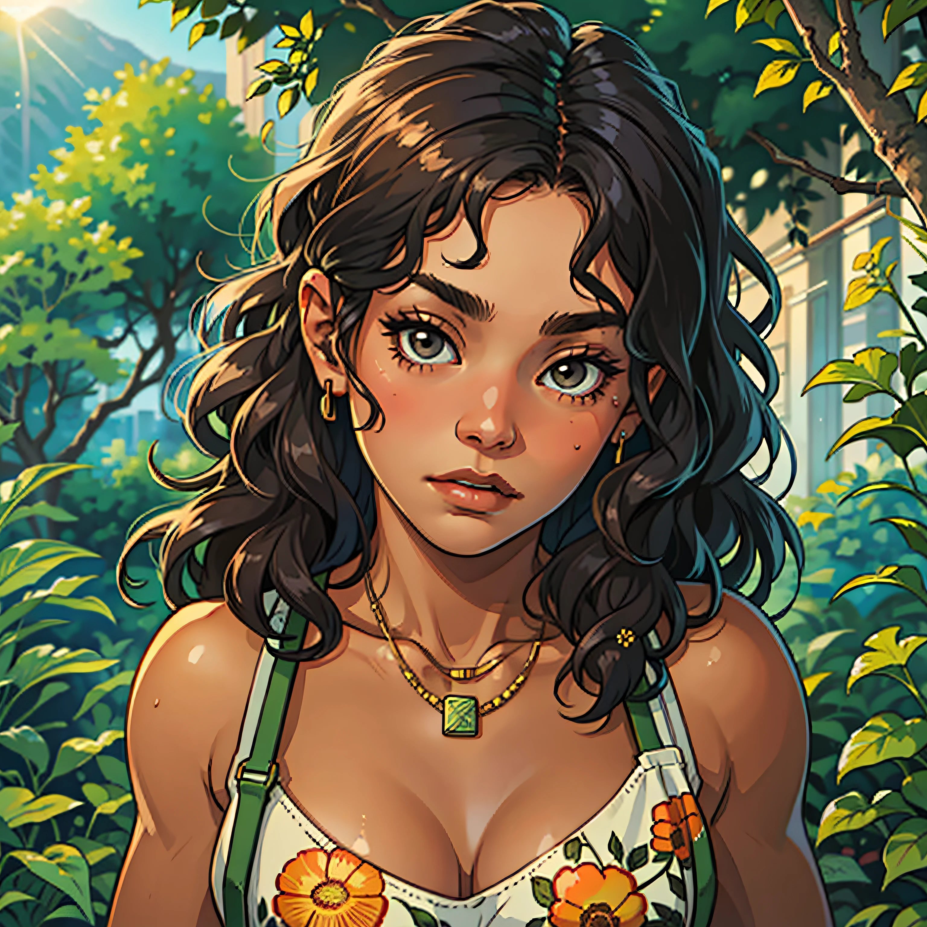 (masterpiece, best quality), African american girl, 1girl, collarbone, wavy hair, looking at viewer, blurry, upper body, necklace, suspenders, floral print, sunlight,
