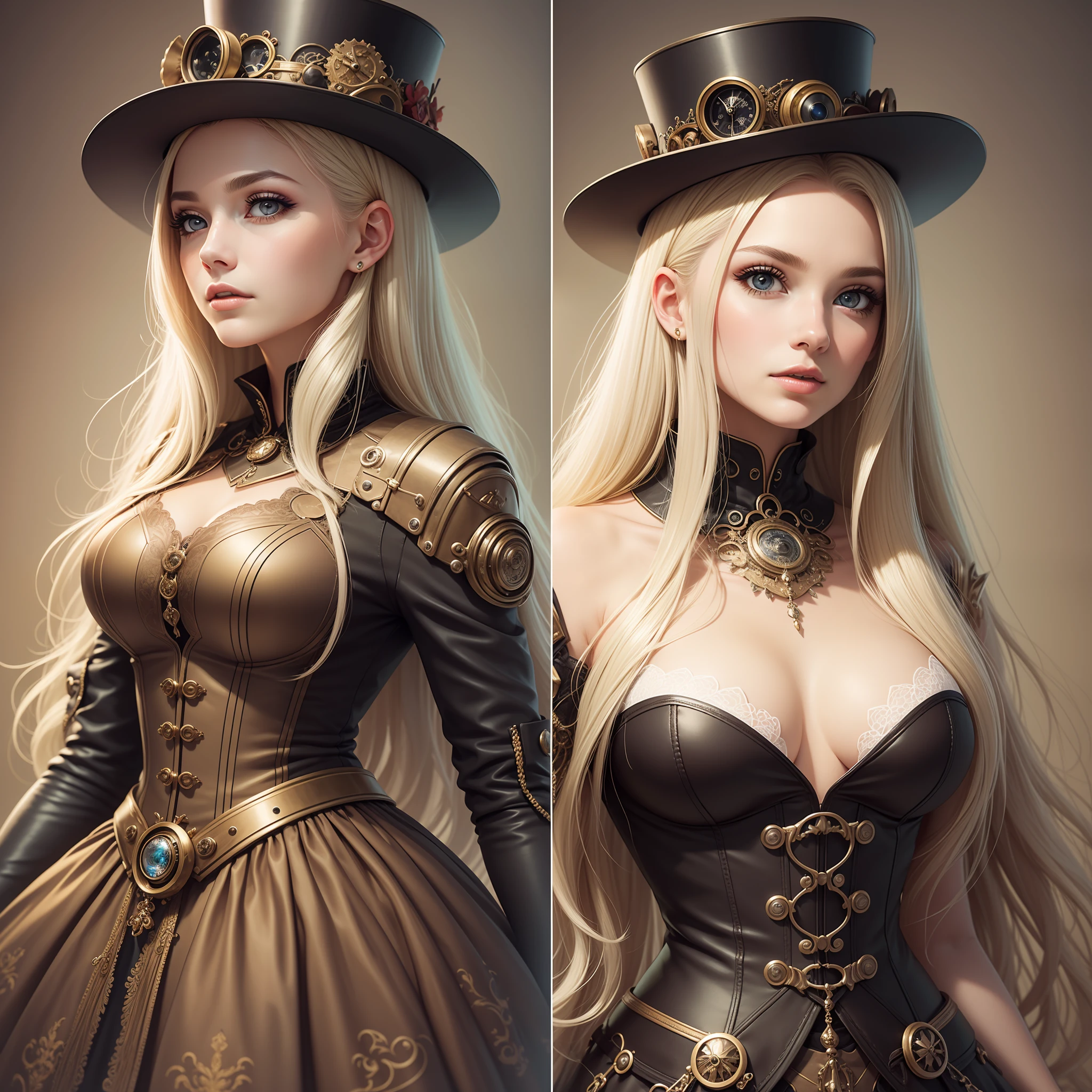 (intricate details), 19 years old, Mystical beauty,Perfect face, Makeup:1.5, Bright on face, Facial details, Long hair,Platinum blonde hair,Straight hair,Steampunk,Princess dress,Top hat,Antique goggles,um Home d'tetive, Conceptual art, Realism, Godley, Movie lighting, Multiview, Canon, High Detail, High Quality, HD, 16k,Full Body Shot