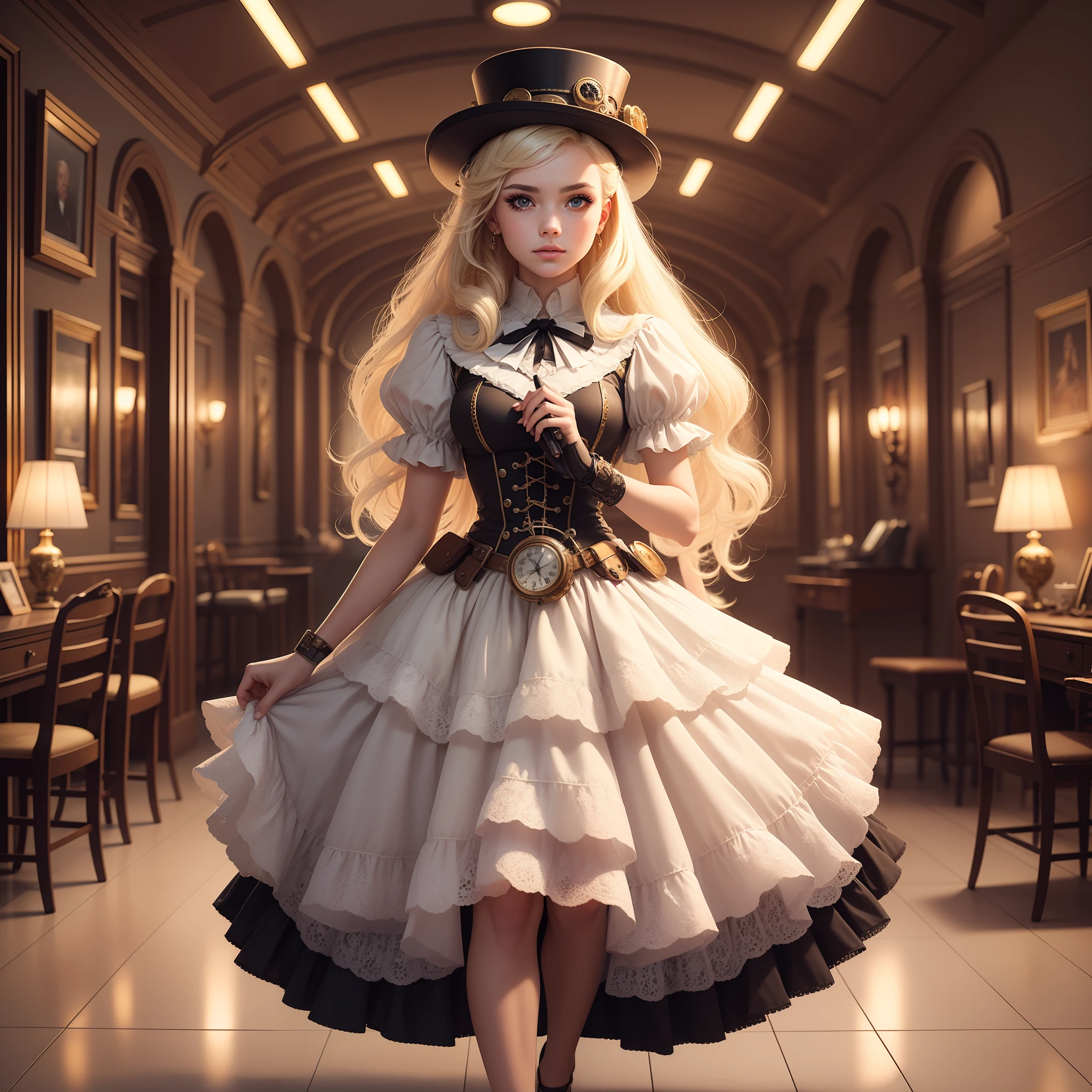 (intricate details), 19 years old, Mystical beauty,Perfect face, Makeup:1.5, Bright on face, Facial details, Long hair,Platinum blonde hair,Straight hair,Steampunk,Princess dress,Top hat,Antique goggles,um Home d'tetive, Conceptual art, Realism, Godley, Movie lighting, Multiview, Canon, High Detail, High Quality, HD, 16k,Full Body Shot