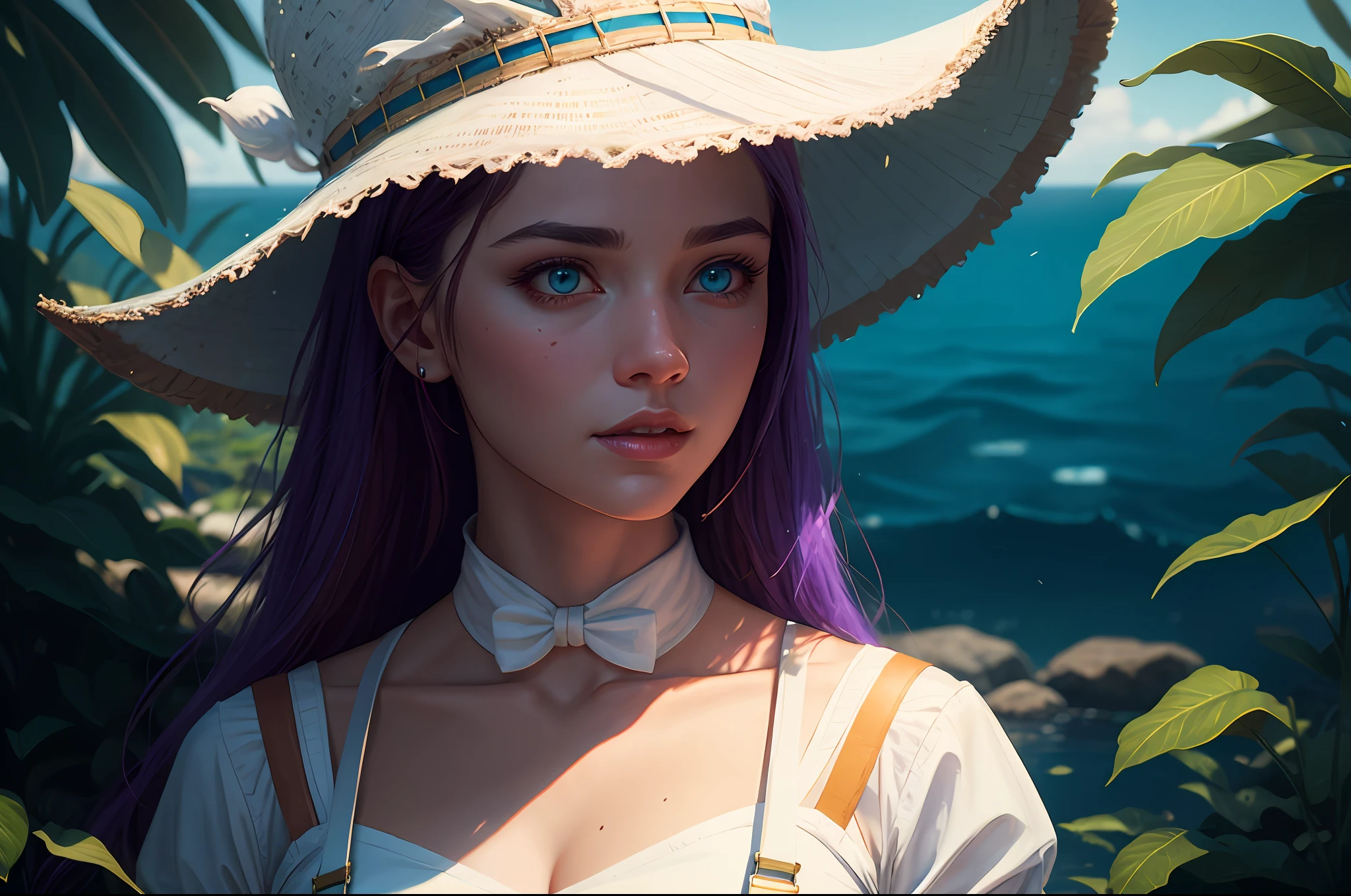 cinematic, (realistic), intricate complexity, portrait shot, ray tracing, fantasy wizard hat, flame, (white suspenders:1.4), tone, respect, matte painting concept art, colorful clothes, high quality, lush vegetation, trending on CGSociety, purple_flower, cartoon, blue ocean, (cinematic lighting), 1 girl, digital painting, debris,