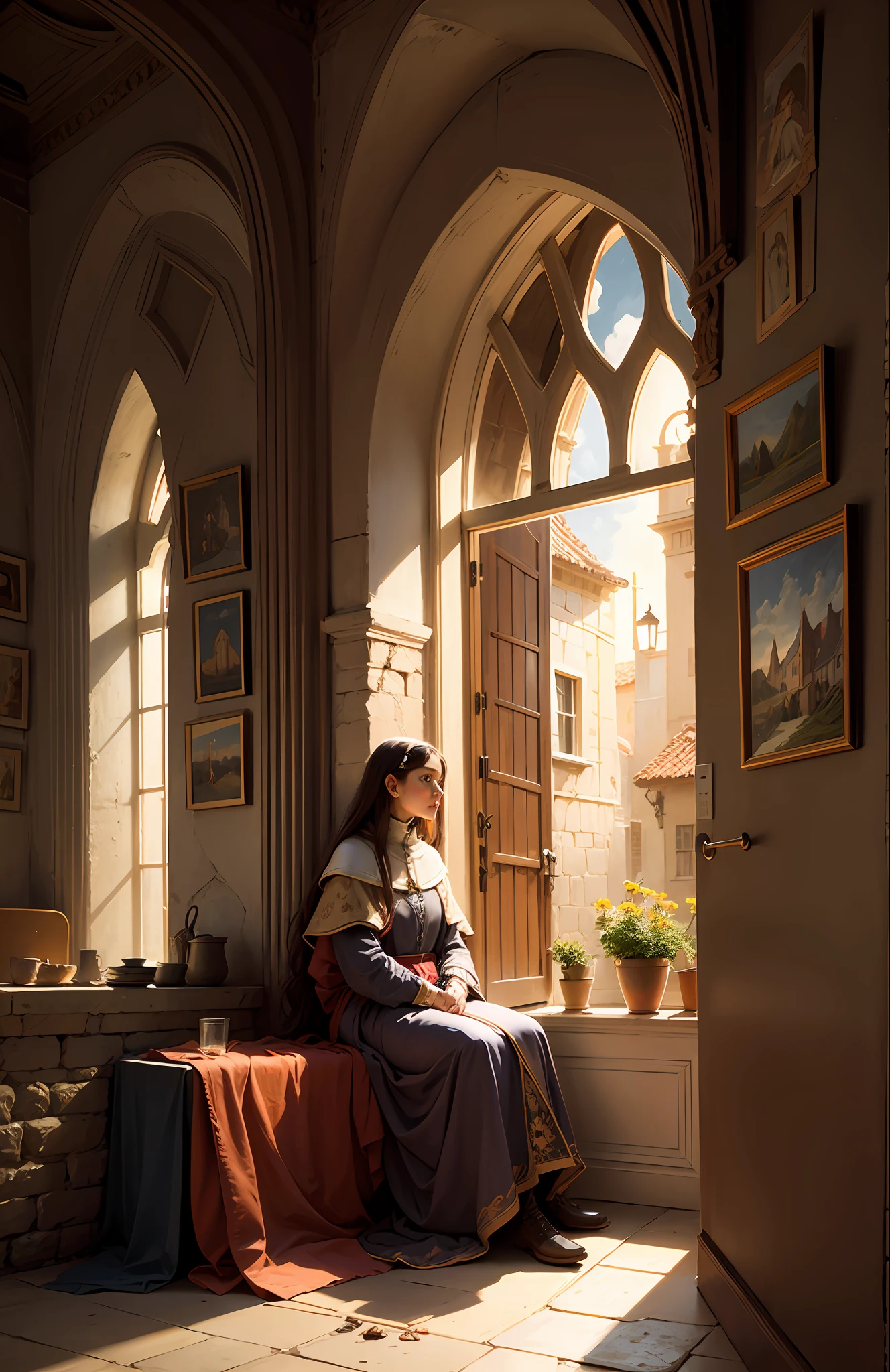 Woman, sitting indoors, medieval, day, sun, windows and paintings on the walls