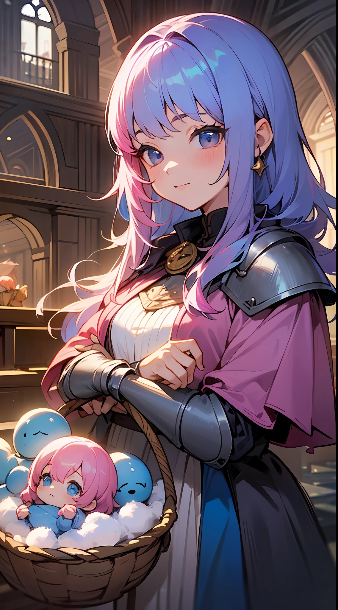 Top quality, detail, 8K, 4K, high resolution, detail, pink-haired knight girl, blue-haired wizard girl, upper body shown, baby in basket, adventurer's guild building, ((several girls)), characters of various colors, (fantasy world), winter night,