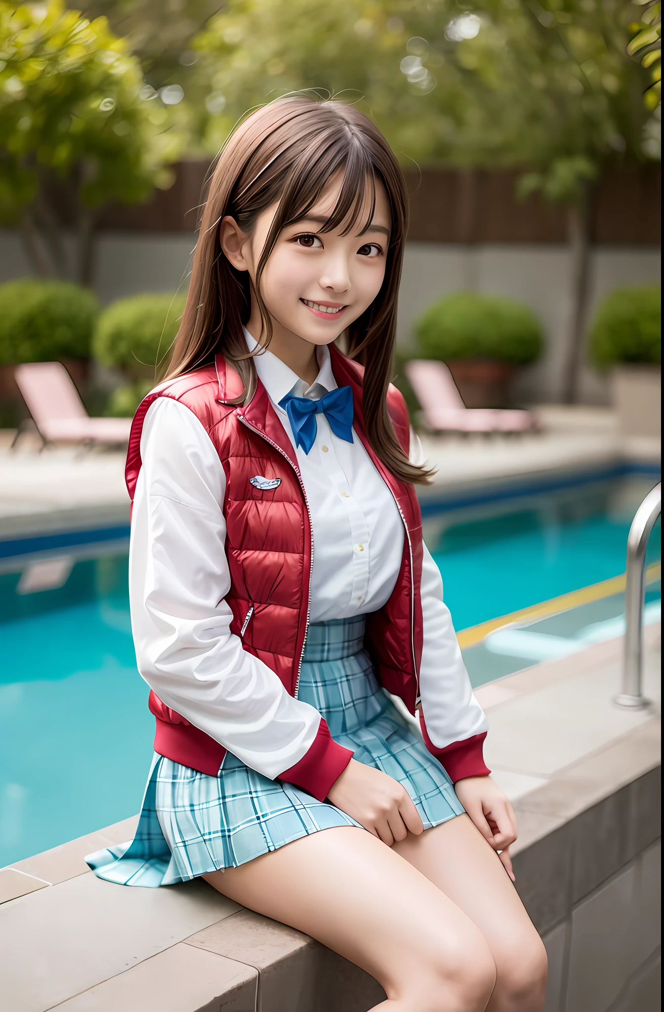 Masterpiece, Best Quality, Hi-Res, 1 Girl Matsushita Bangs Brown hair, White skirt Red jacket Blue shirt Open jacket Blue bow tie sitting, stuffing, pool, smile, live-action, real