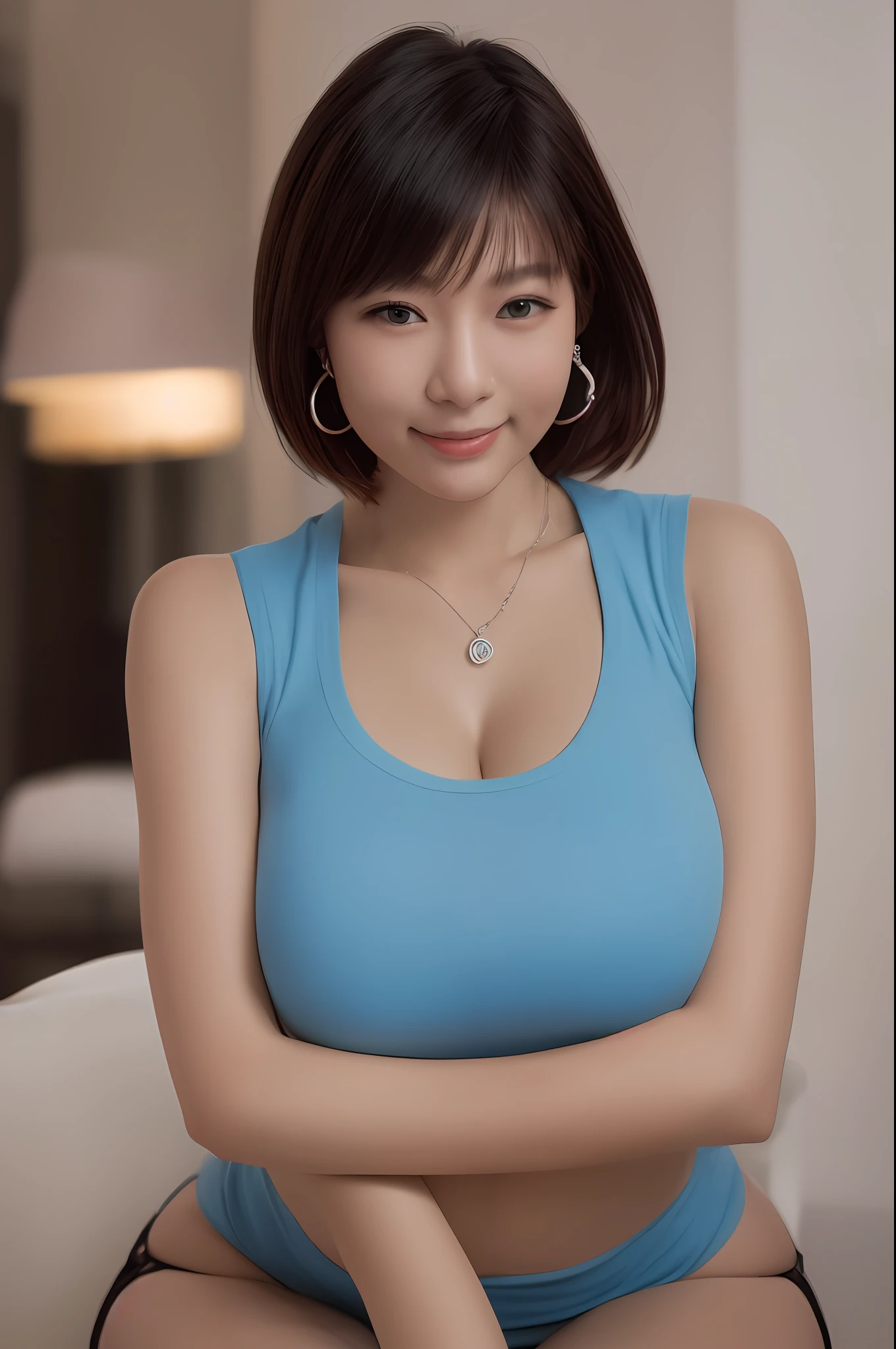 Smiling Mingchen,

absurdity, mouth closed, balanced eyes,
(Top Quality Details: 1.2), Realistic, 8K High Resolution, Super Detail, High Quality Textures, Intricate Details, Very Detailed CG, High Quality Shadows, Detail Beautiful Delicate Face, (Detail Beautiful Delicate Eyes: 1.32), Depth of Field, Ray Tracing, (Beautiful 25 Year Old Cute Japan Woman: 1), Huge Breasts, tall_female, beautiful_legs, Glow Eyes, Blush, Perfect Petite Body, Fat: 1.5, Chubby, Big, Fat, Fat, Glamorous, Flabby Swaying Belly: 1.5, Extravagant, Fat, Fat, Glamorous, Big Nipples, Huge Breasts That Fit on the Floor, Protruding Stomach, Cute Face
blurry outdoor background,
silver
Tight fit, tight
bra
blue
sensible
tank top
 Open coat: 1.1, [brown_skirt]: 1, Stockings and garter belts: 1.2, Bob-cut hair, Cozy living room, Daylight, Kneeling on sofa, Earrings,Necklace, Model, View viewer, Dynamic poses, Earrings,Necklace, Model, Look at viewer, From the side, Dynamic poses, Front facing