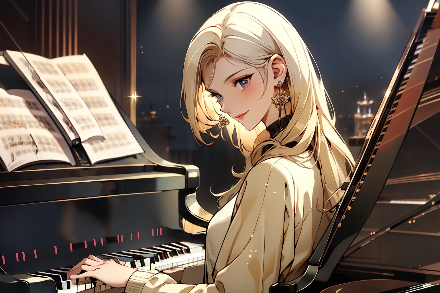 masterpiece, (masterpiece, superior quality, best quality), 1girl, blonde hair, tall, beautiful, big smile, kind face, innocent, modern clothes, casual clothes, (((pianist))), (Focus on hands)