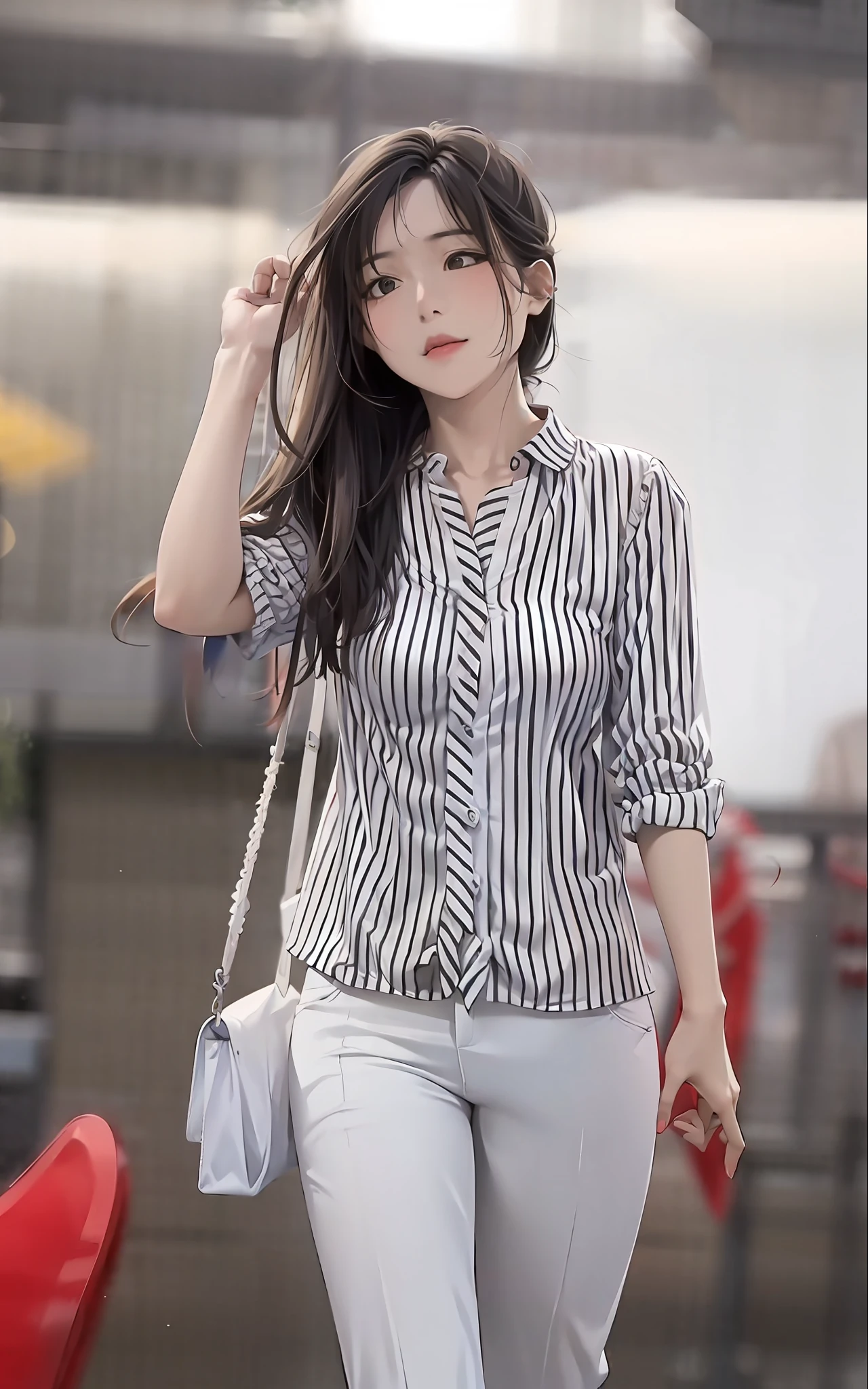 araffe woman in white pants and a striped shirt walking, wearing stripe shirt, wearing a blouse, mai anh tran, in style of lam manh, striped shirt, korean women's fashion model, office clothes, wearing in shirt, striped, nivanh chanthara, stripes, loose - fitting blouses, asian female, korean girl, shirt
