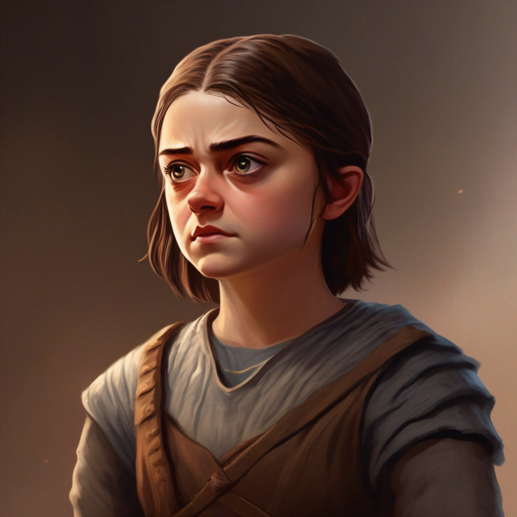 Arya Stark, small stature, bright and expressive eyes, radiates a mixture of curiosity, cunning and courage, Her physical bearing is athletic and toned, Dressed in simple and practical clothes, Her posture is agile and eager for action, Her presence is powerful, realistic portrait
