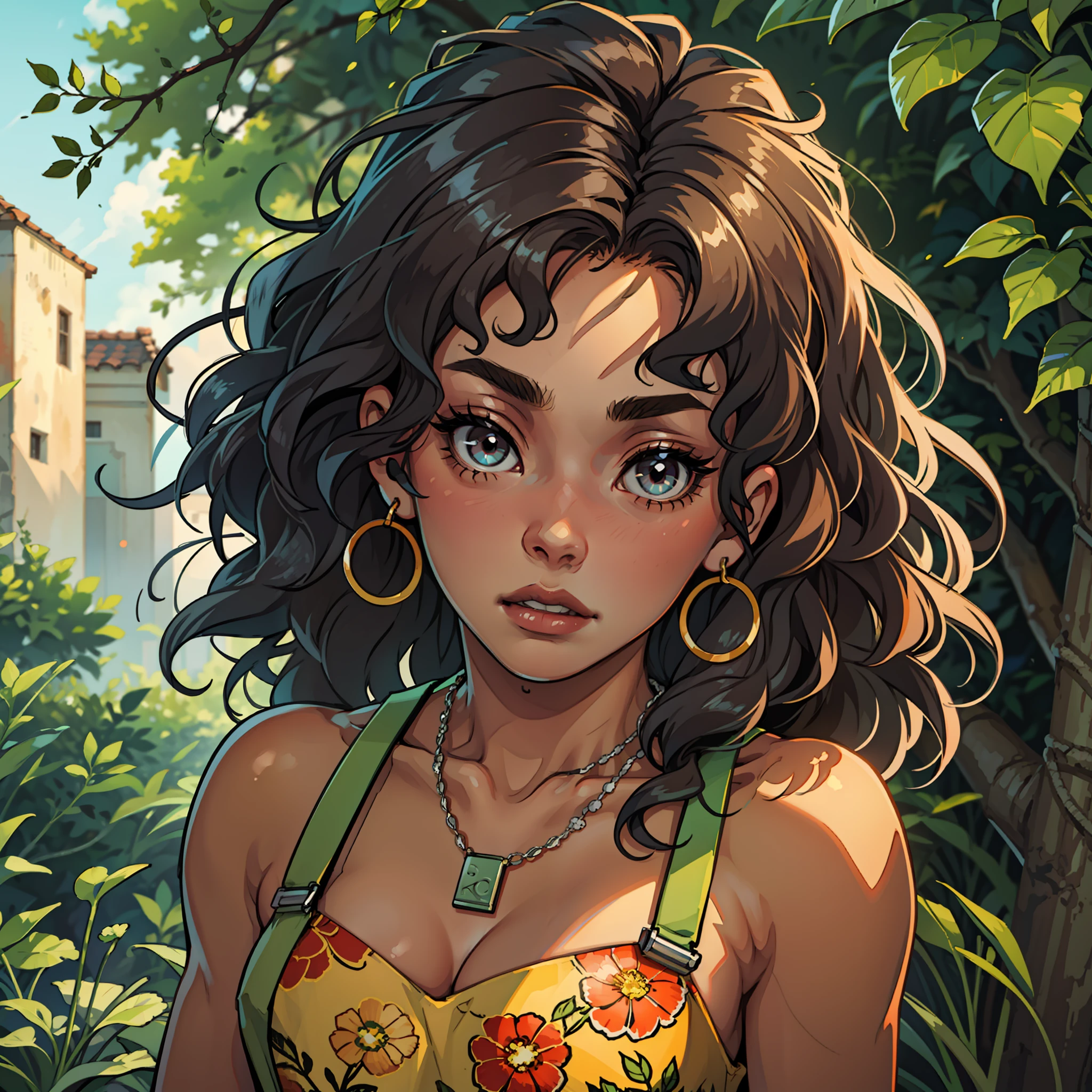 (masterpiece, best quality), African american girl, 1girl, collarbone, wavy hair, looking at viewer, blurry, upper body, necklace, suspenders, floral print, sunlight,