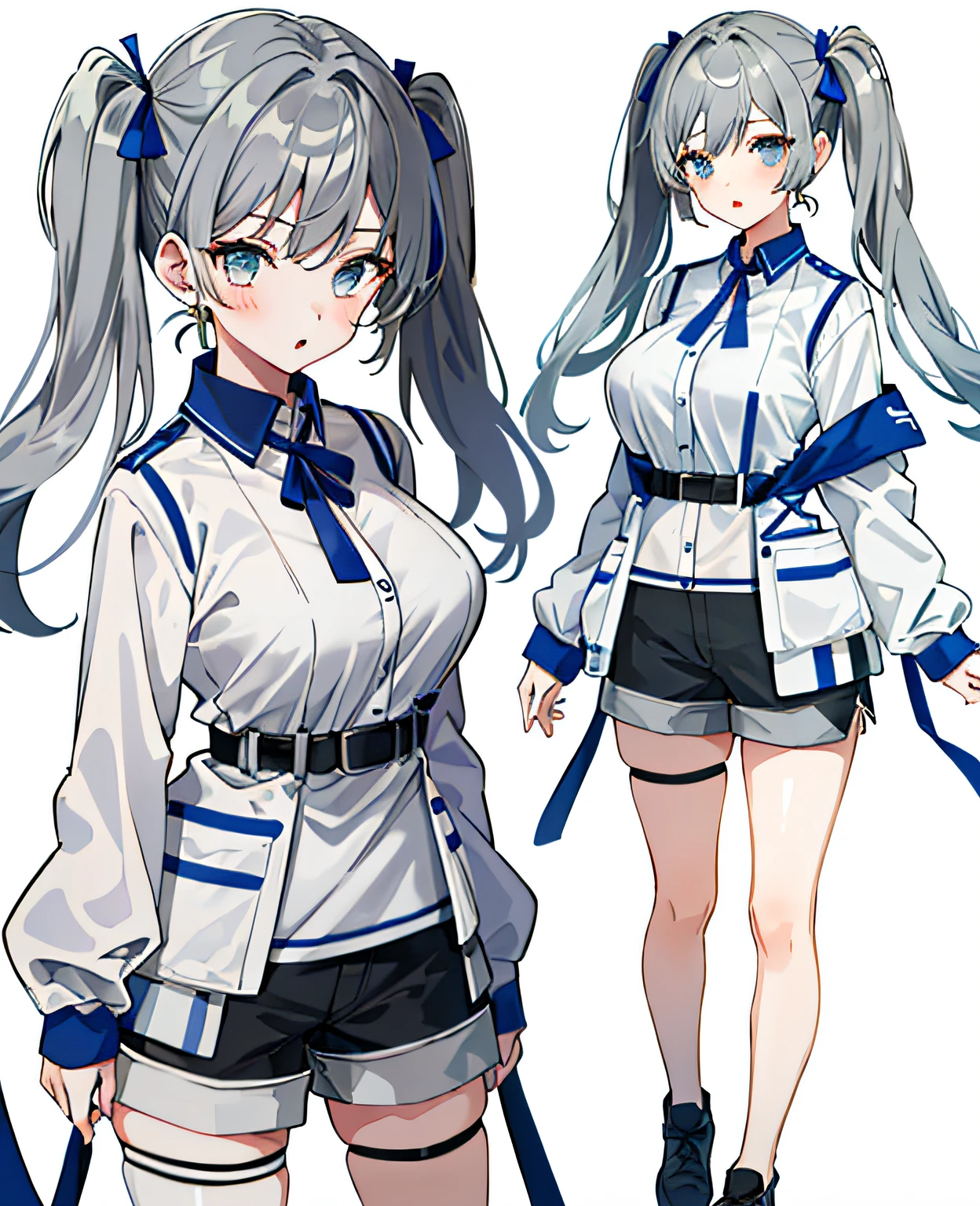 (Top Quality, Masterpiece), (((((1 girl))))), (Female-centered), ((Pink Twin Tails)), (((White Parker)), Standing, White Background, Big Breasts, ((Gray Shorts))