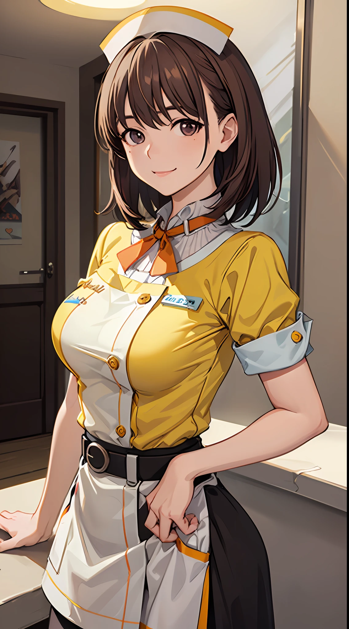 Big anime girl posing in front of the window, (((Waitress Uniform: 1.2)))), ((Yellow Uniform)), ((No Bra)), (Full smile)), ((Upper Body)), ((Focus on People)), ((Brown Hair)), ((Look from the front)), (Hands down)), Seductive anime girls, Best Anime 4k Konachan wallpapers, perfect gray haired girls, charming anime girls, 4k anime wallpapers, 4k manga wallpapers, , detailed digital anime art, anime best girls, beautiful anime girls, cyberpunk, detailed anime artwork, beautiful charming anime women