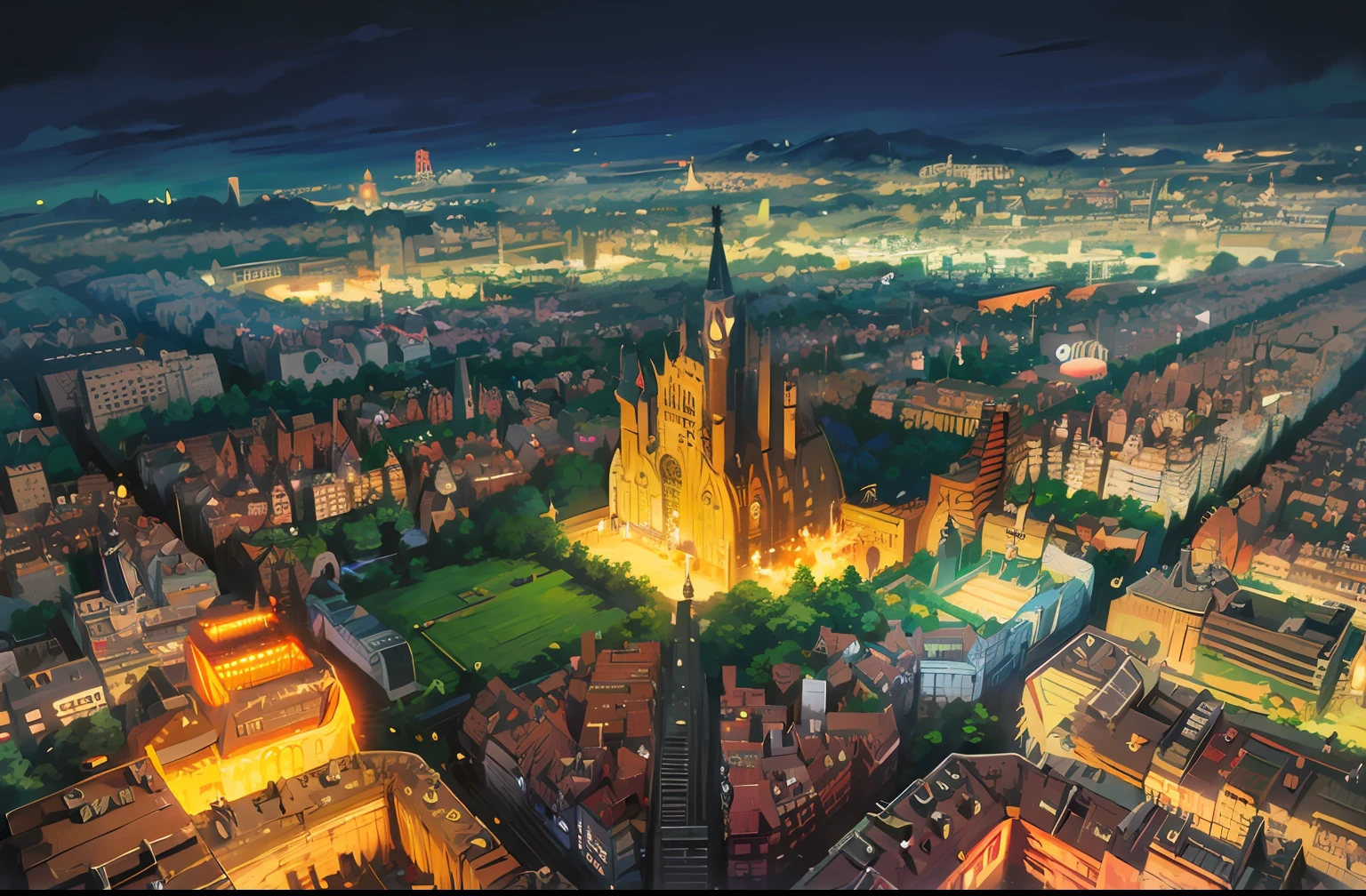 anime, arafective aerial view of a city with a large cathedral, barcelona, gaudi sagrada familia, in barcelona, antoni gaudi, by Jakob Gauermann, aerial, by Robert Jacobsen, by Gaudi, by Luis Molinari, aerial view of a city, seen from above, gaudi style”, typical, beautiful city of the future
