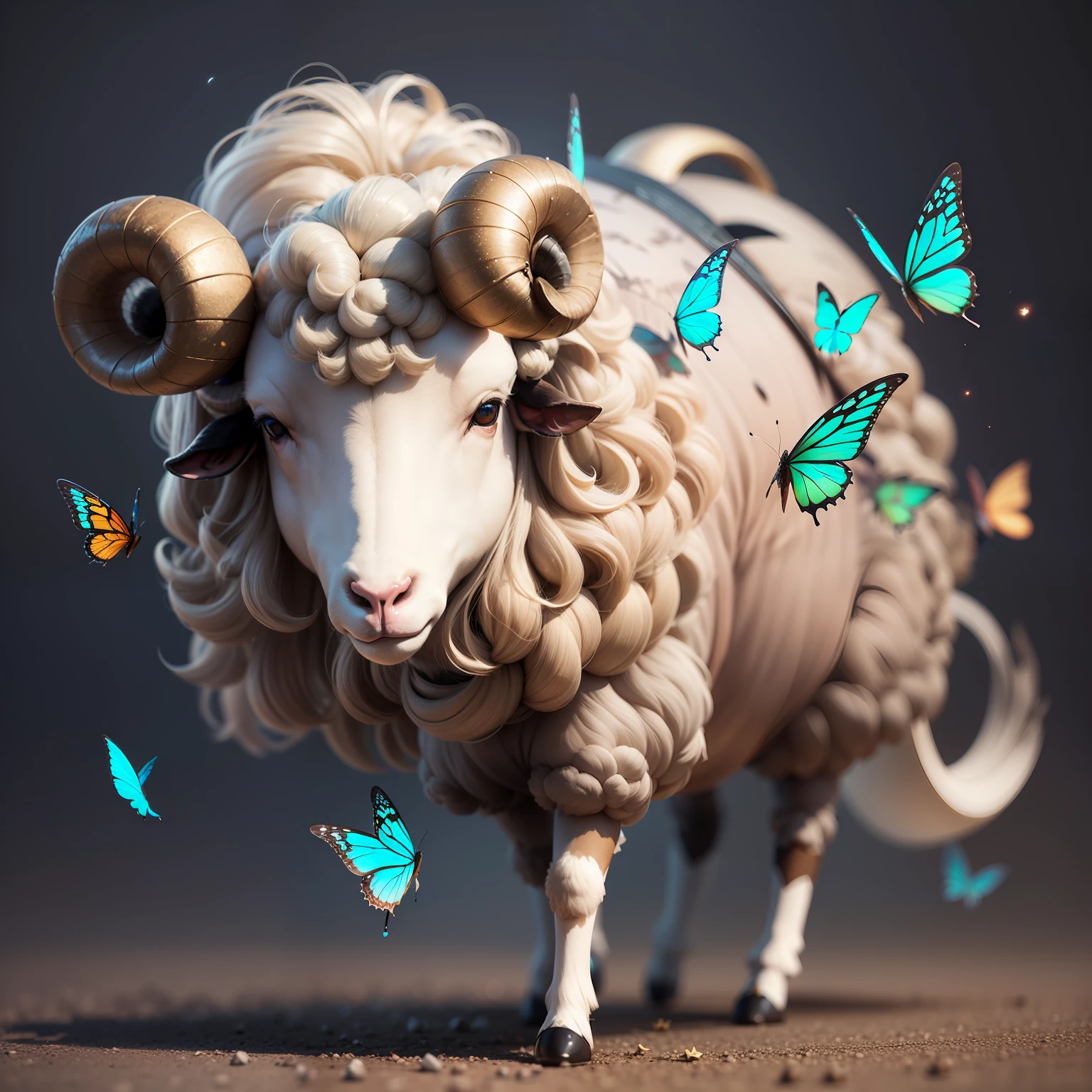 A glittering sheep, streamer particles, 3D image, surrounded by butterflies
