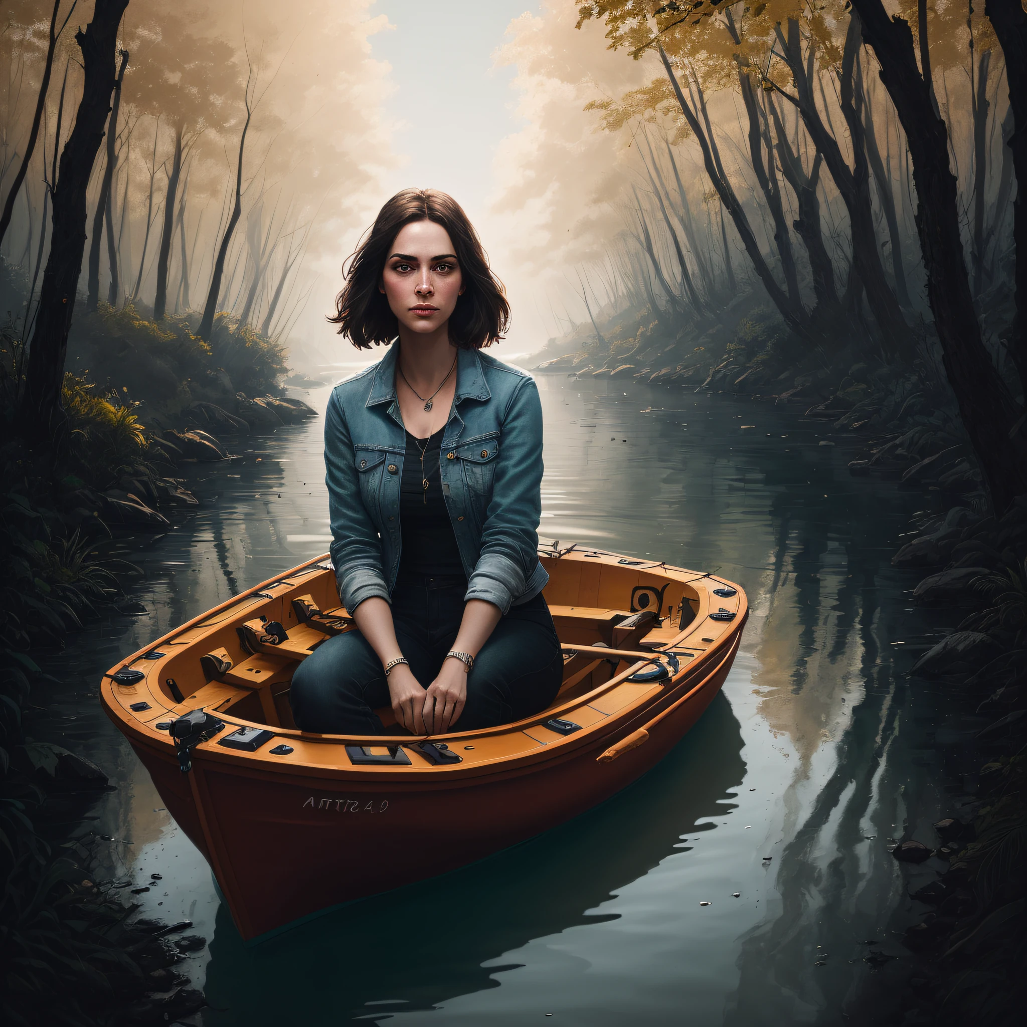 Close-up of a 30-year-old female woman inside a dinghy on the riverbank, background with trees, day, realistic epic, portrait of, James Gilleard, by Joe Fenton, by Kaethe Butcher, yellow gradient, black, brown and magenta color scheme, grunge aesthetic!! soft cinematic light, adobe lightroom, photo lab, hdr, intricate, highly detailed, (depth of field: 1.4), faded, (neutral colors: 1.2), (hdr: 1.4) , (soft colors:1.2), hyperdetailed, (artstation:1.4), cinematic, warm lights, dramatic light, (intricate details:1.1), complex background, (rutkowski:0.66), (blue and orange:0.4)