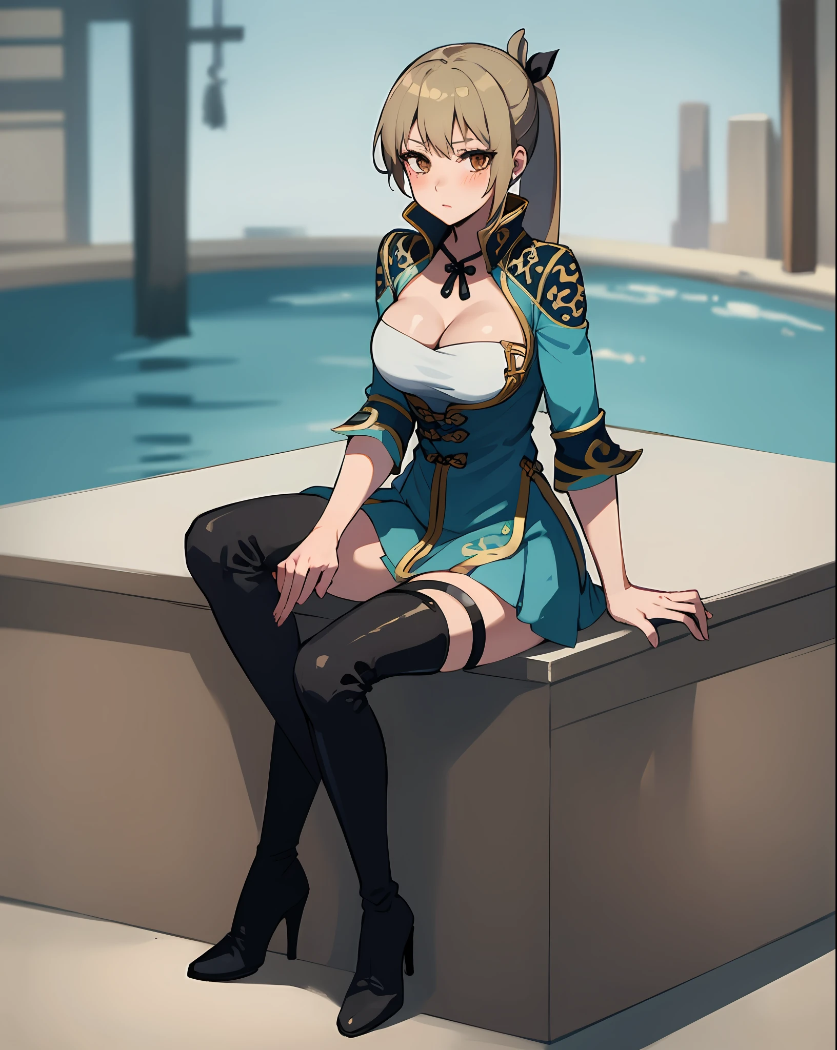 best quality, (masterpiece:1.2), illustration, absurdres,
(1girl, solo), (beautiful detailed girl), (cute:0.4),
Wang Yuanji, blonde hair, ponytail, brown eyes, large breasts,
aqua dress, ornate dress, cleavage, aqua skirt, black thigh boots, thighhigh boots, high heels,
blush, looking at viewer,
(chinese architecture background),
sitting, cowboy shot, full body,