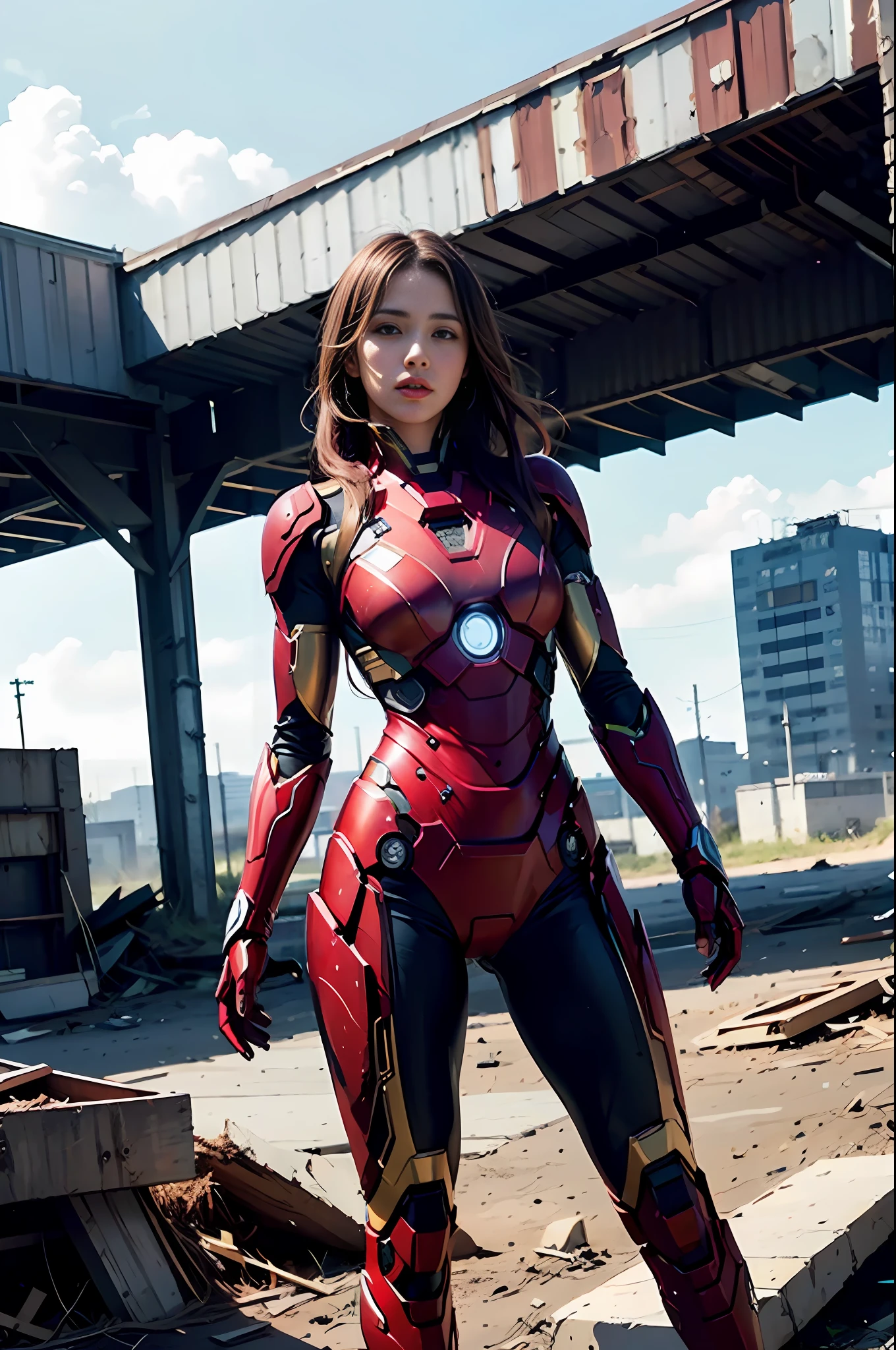 8k, realistic, attractive, highly detailed, a 20 year old girl a sexy and attractive woman inspired by Iron Man wearing a shiny Iron Man mech. She dresses with sexiness and confidence, perfectly interpreting Iron Man's strength and charisma. The abandoned warehouse serves as a backdrop, creating a unique atmosphere that highlights her bravery and perseverance. The cloudy sky adds a sense of tension and mystery to the whole scene. This high-definition, high-quality picture will bring you a shocking visual experience. The detailed abandoned warehouse and shiny mechs will keep your eyes on you. oc rendering, dramatic lighting, award winning quality