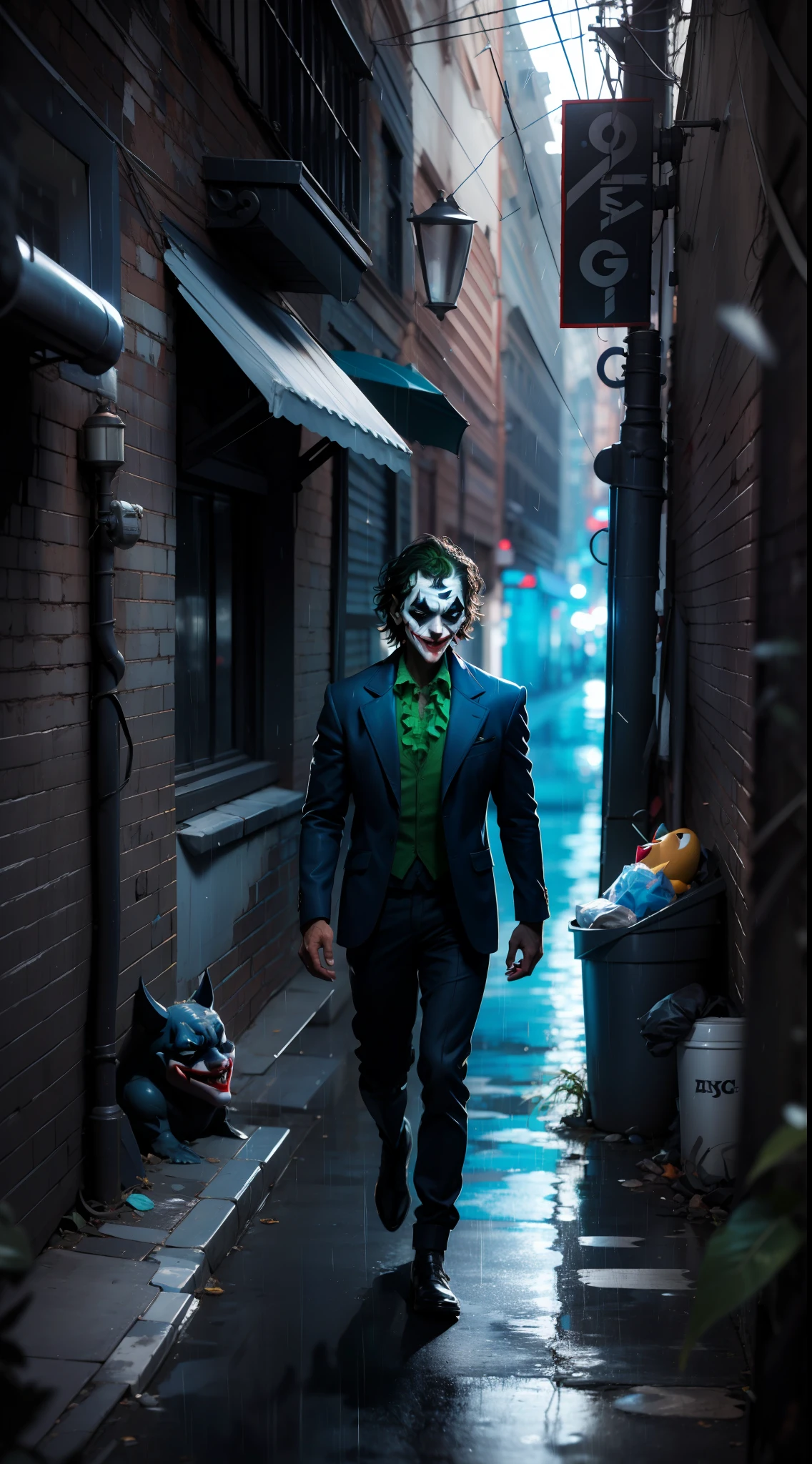 Dc comics, ((Joker)) the dark knight, alley, garbage, rain.16k