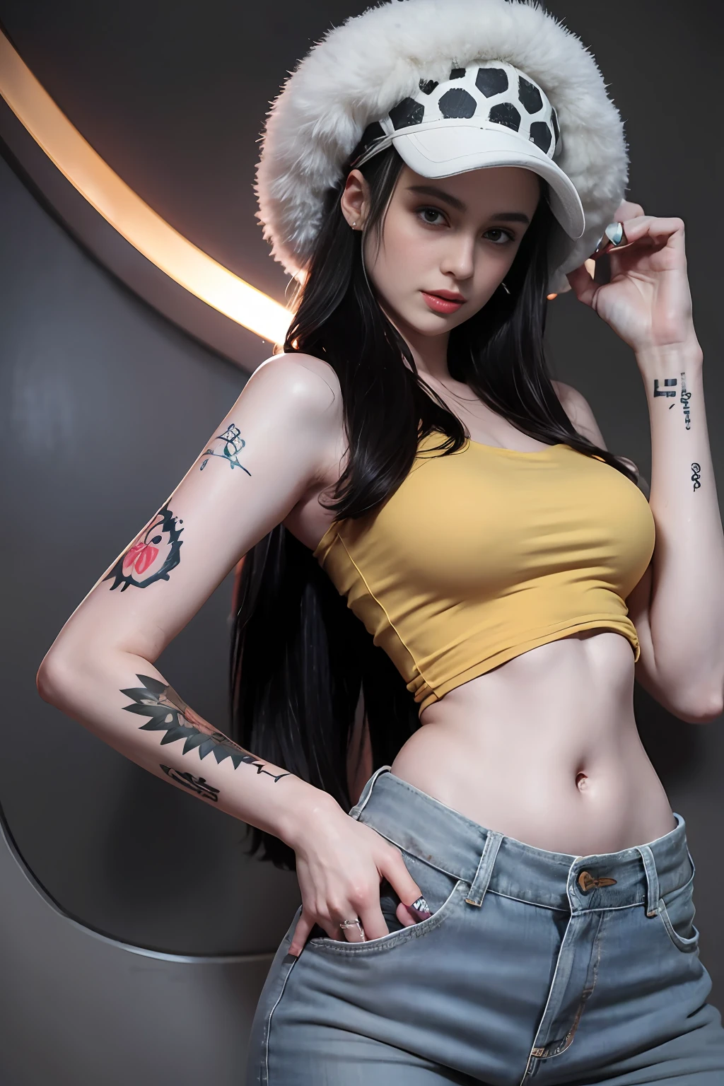 masterpiece, best quality, 8k,highestres, absurdres, extremely detailed, female trafalgar law, 1girl, holding a sword, solo, looking at viewer, long hair, medium breasts, hat, navel, earrings, midriff, pants, coat, fur trim, denim, jeans, shoulder tattoo, hand tattoo, finger tattoo, black fur-trimmed coat, coat on shoulders, yellow tank top,///,