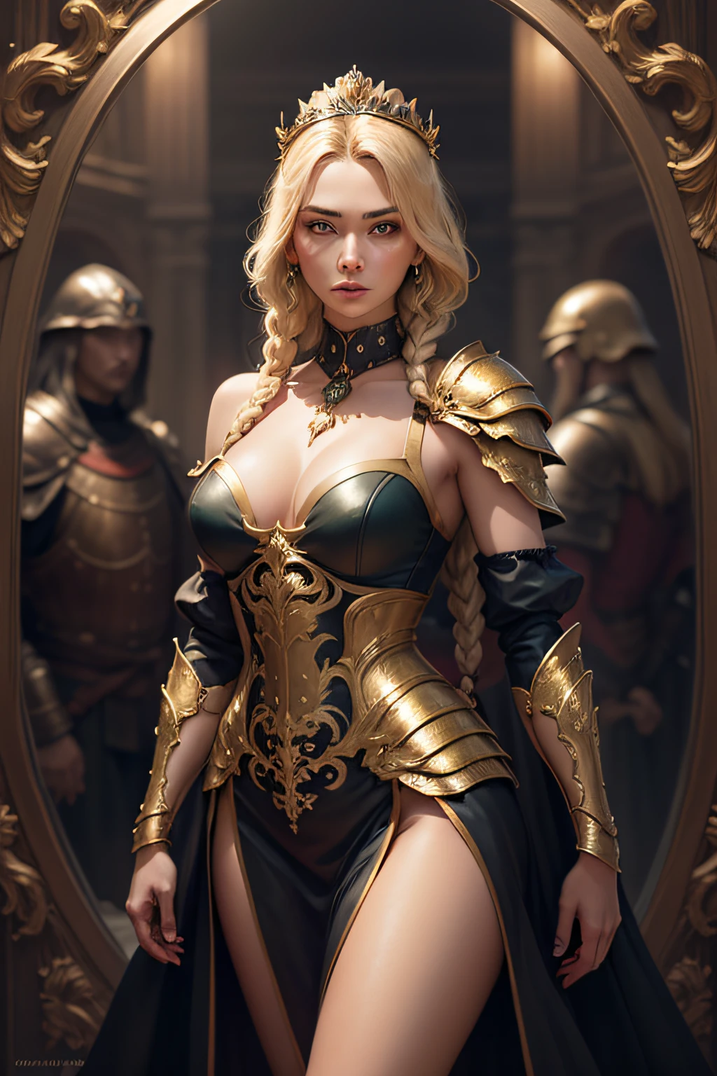 Blonde haired woman with braids, (medieval punk green neckline armor). Bright chrome gold lingerie with sharp reflections. Gems. Bare shoulders. (tiara). Low muscle definition. Beautiful legs. Bare shoulders visible. Detailed lighting. Artwork. Extreme beauty. Clothing with intense colored gradient effect. Professional image with high saturation. Professional camera. Illustration. Vibrant colors. vibrant yellow eyes, thin, nordic, bright golden eyes, symmetry, intense look, black details on clothes