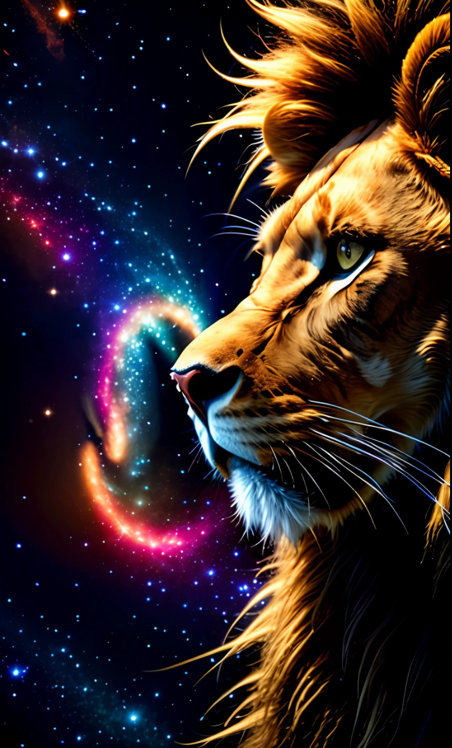 a photograph Galaxies, spirals, space, nebulae, stars, smoke, iridescent, intricate detail, in the shape of a lion, octane rendering, 8k hyper realistic, realistic texture, unreal natural lighting engine, cinestill 800, (35mm lens)
