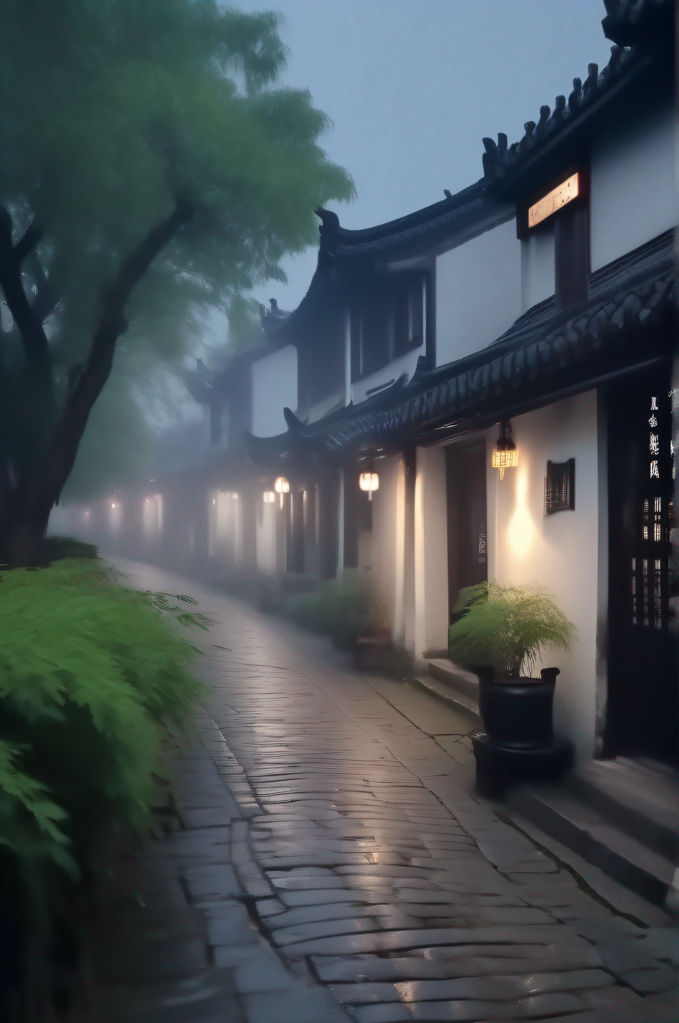 Summer night under the stars, ancient Chinese Jiangnan ancient town, cloudy day, rainy day, path, magical lighting effect, light white fog, 8K HD, ultra HD, light volume, soft, quiet, gentle