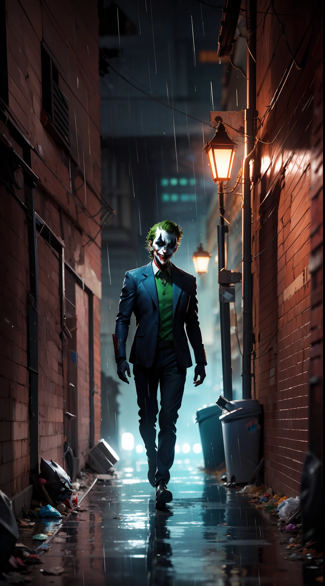 Dc comics, ((Joker)) the dark knight, alley, garbage, rain.16k