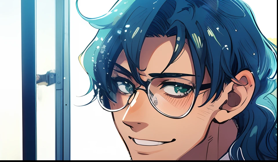 anime boy with glasses and a tie looking out a window, smile, color manga, manga color, color manga, color manga panel, simple background, a white background