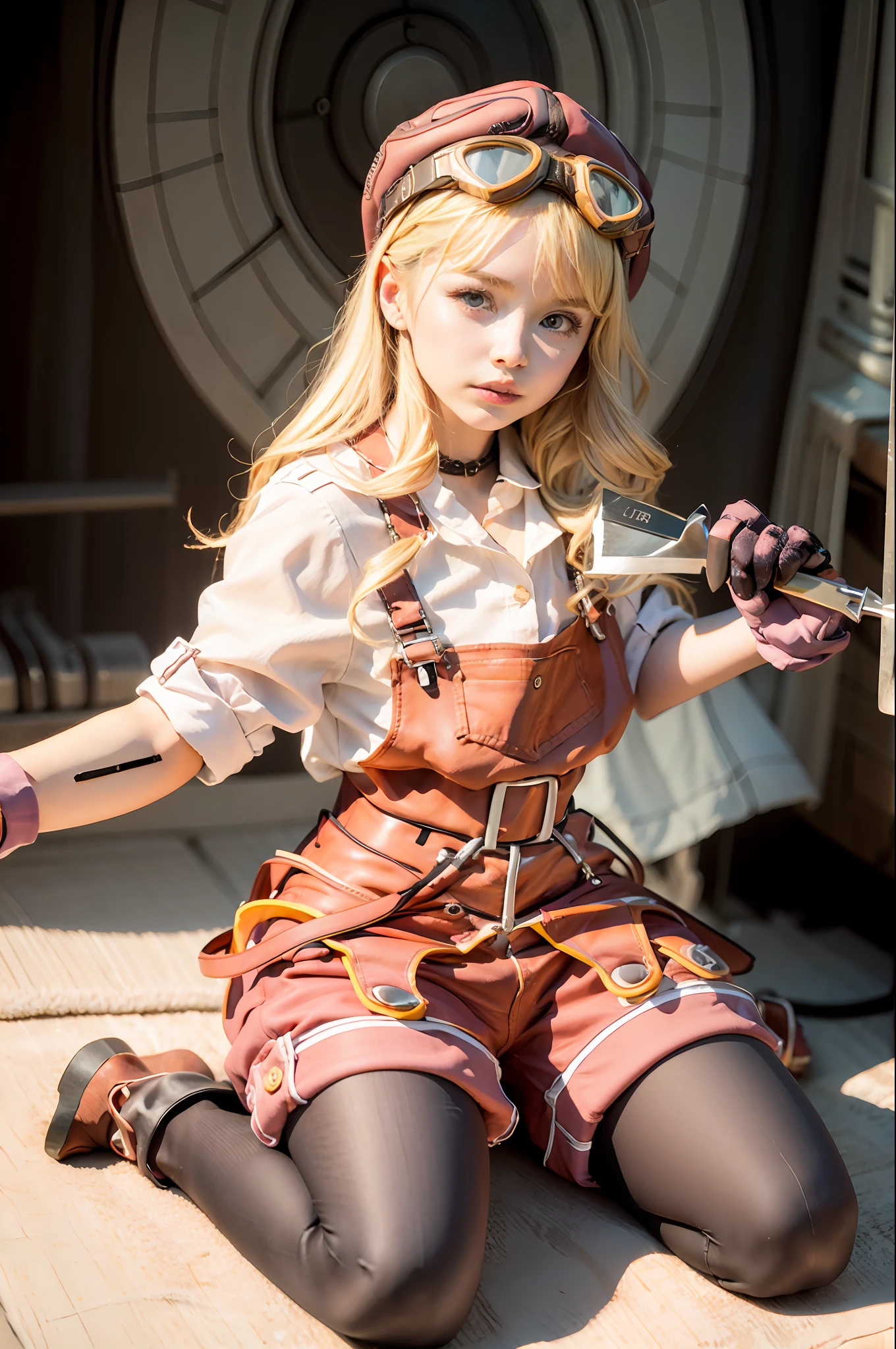 masterpiece, best quality,realistic,1girl, blue eyes, gloves, blonde hair, goggles, solo, screwdriver, pantyhose, wrench, hat, goggles on head, sitting, wariza, smile, black pantyhose, shorts, tools,boots, blush, overalls, belt, full body, apron, sidelocks, short hair, long hair, pink gloves, shirt