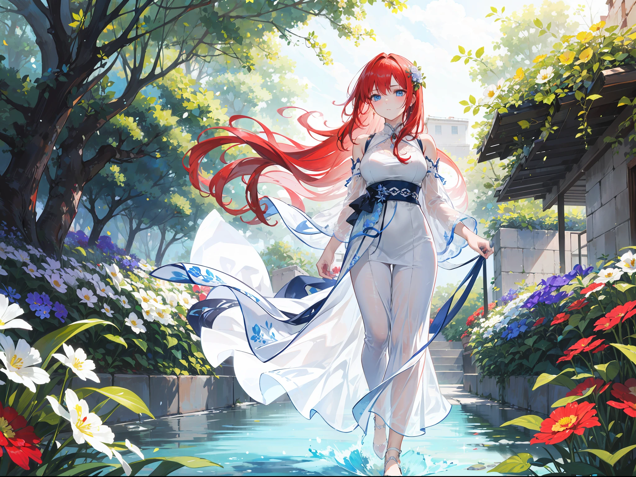 "Create a scene featuring a  girl with fiery red hair and sharp blue eyes. Her long hair cascades down as she gracefully walks through a beautifully adorned flower garden, expressing a sense of sadness or contemplation. She is dressed in an elegant white gown that provides modest coverage. The garden is filled with an array of captivating flowers, and water gently flows, adding a sense of freshness and tranquility to the scene."