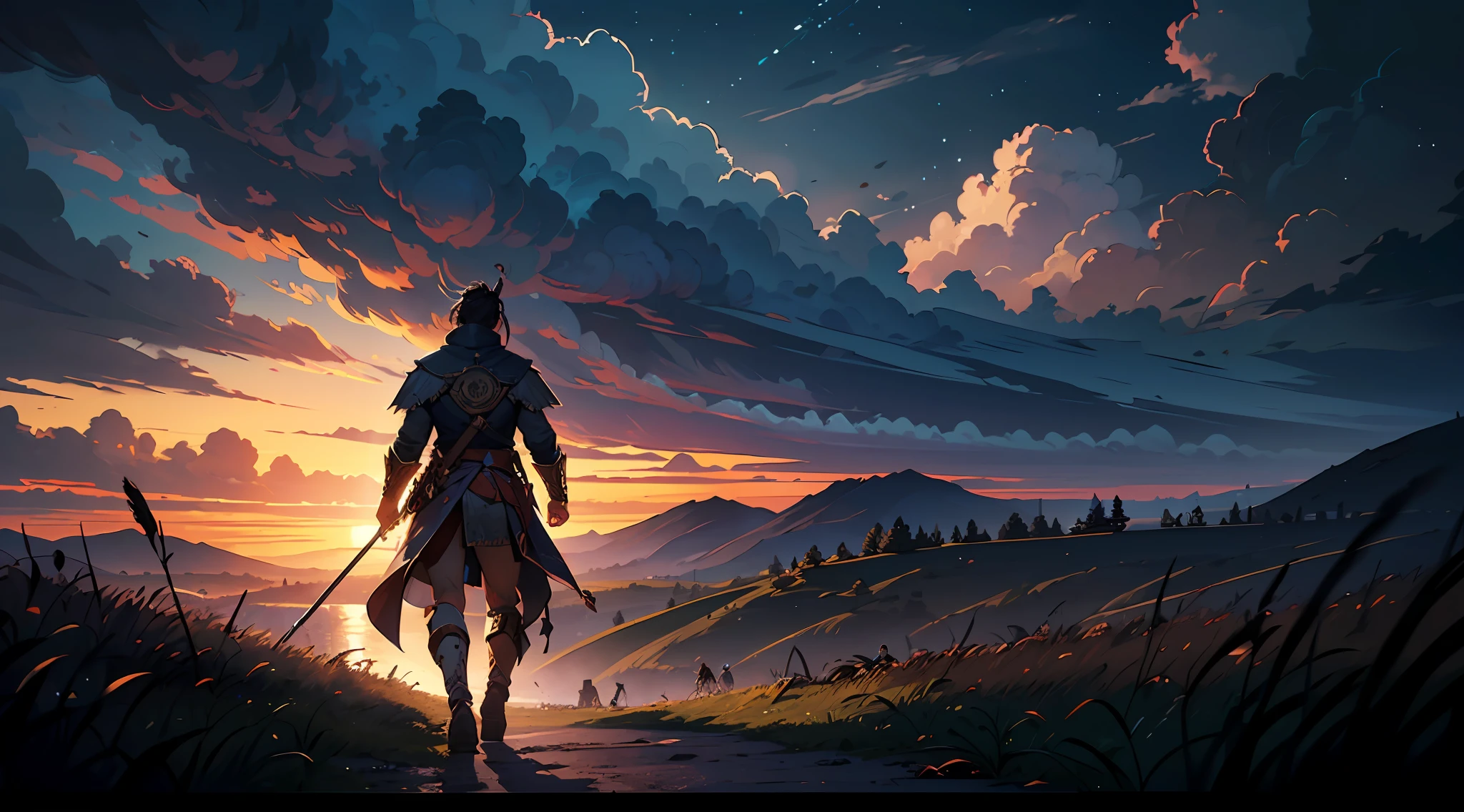 (8k unit wallpaper CG extremely detailed, masterpiece, best quality, ultra-detailed), (((solo)))), a warrior on a hill looking at the battlefield ahead, (back view), (perfect details), perfection, (high details), (intricate details), intricate, incredible high details, highly detailed environment, illustrator, (masterpiece)