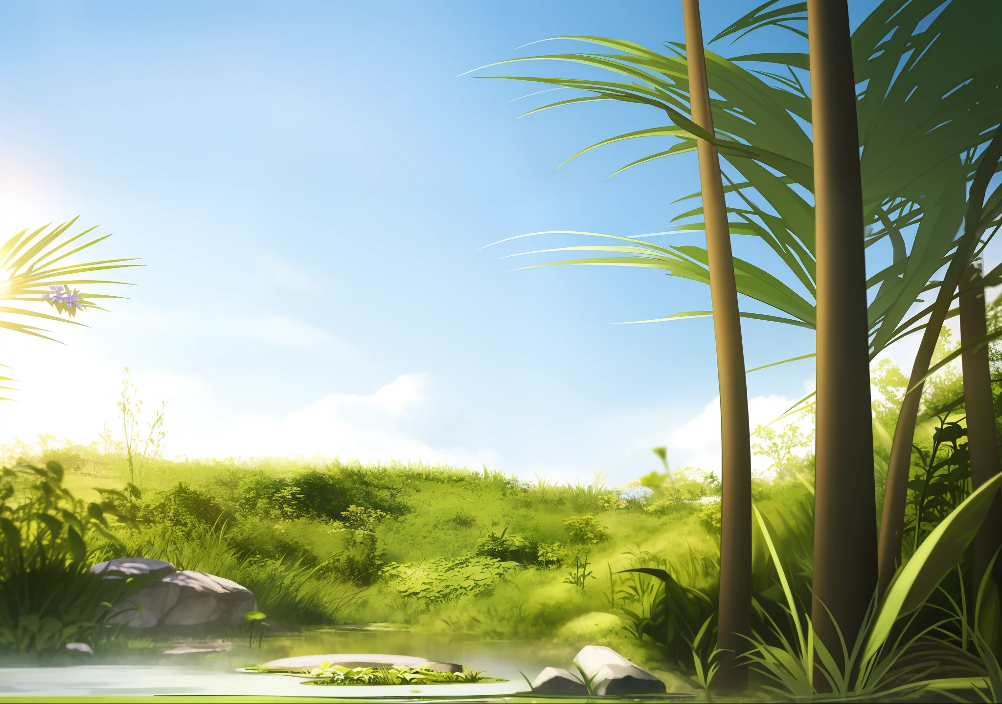 there is a small pond in the middle of a grassy area, beautiful render of a landscape, mobile game background, amazing wallpaper, background jungle, background lush vegetation, the background is lush jungle, game background, nature wallpaper, background art, nature background, background environment. 8 k, background artwork, matte background. unreal engine, highly detailed scene, photorealistic landscape