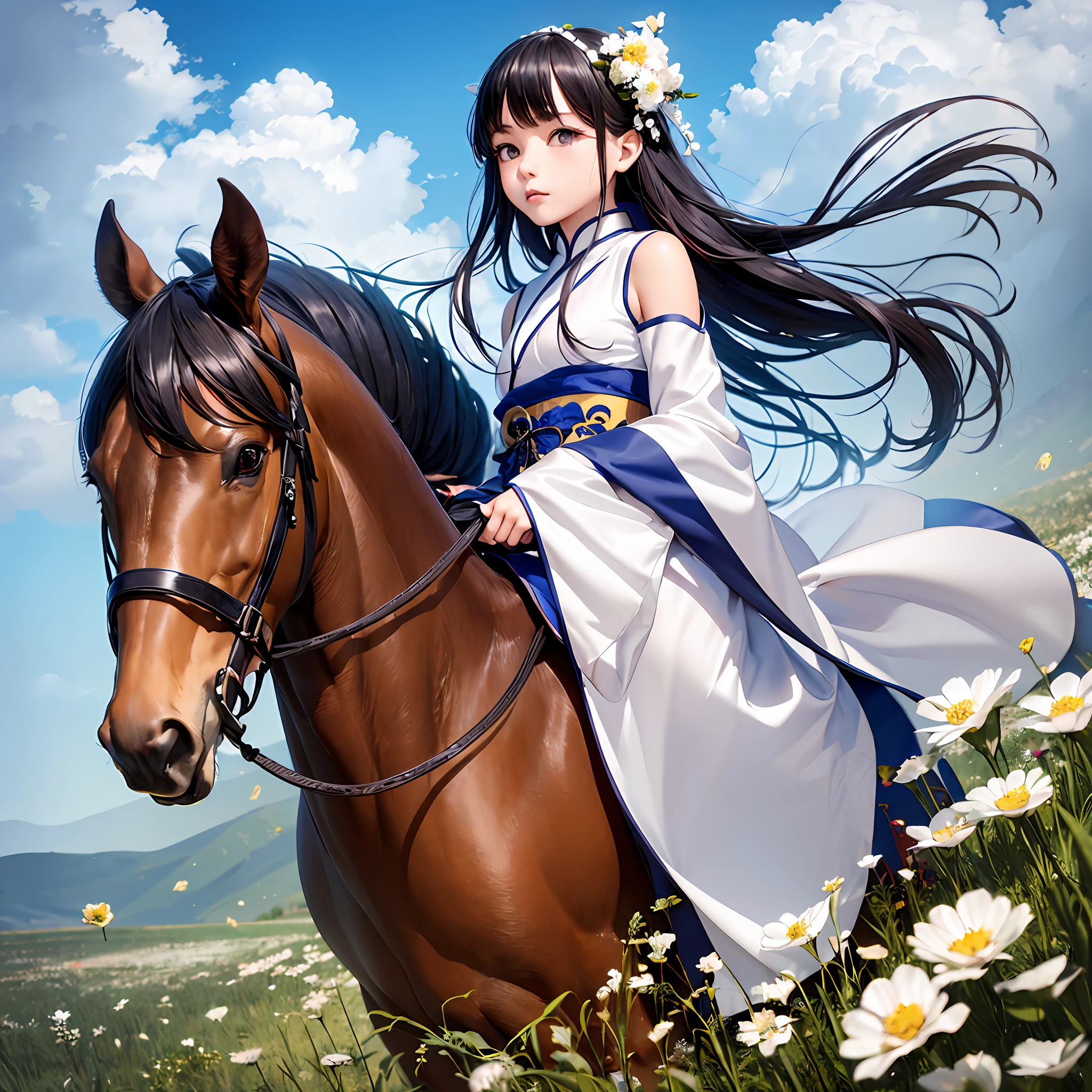 Masterpiece, Realistic, Best Quality, 8K, Crazy Detail, Complex Detail, Ultra Detail, Ultra Quality, High Detail, High Detail, Angle Angle Framing from Shoulder, Full Body in Middle and Long Range, Wide Angle Lens Shooting, Foreground Sense of Space, 2People\ (1boy and 1girl\), Boy Wearing Black Hanfu BREAK Girl Wearing White Hanfu, Hanfu, Chinese Costume, Boy Holding Girl, Riding on a Horse, Horse Running, Wind, Grassland Background, Daytime, Blue Sky, White Clouds, Flowers, Grass, butterflies, eagles, ((automatically adjust the proportions of the face to the best)),