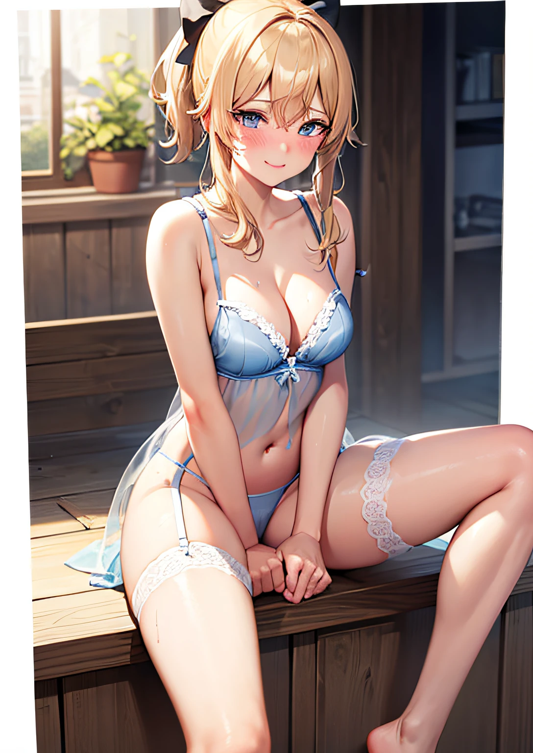 (Naked:1.4), (Transparent Lingerie:1.4), (Blushing:1.4), Smile, Cowboy Shot, ((One cup)), Full Body, Underwear, 4k, No panties, Wet between legs, Legs spread