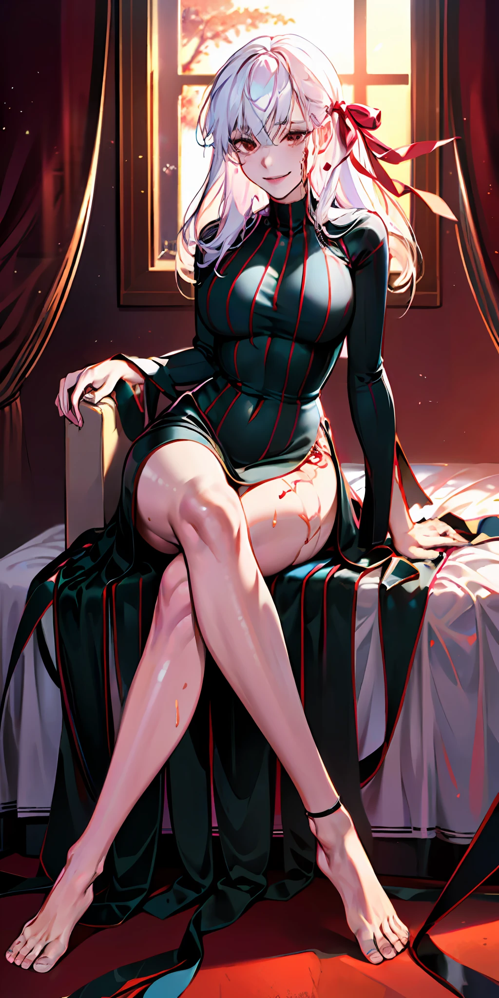 Sakura, evil smile, masterpiece, best quality, detailed, 1girl, solo, (body marks, corruption), red ribbon, room with sunlight, good anatomy, crossed legs, detailed face, hd, white skin, pale, black dress, sensual, sexy, sensual pose, sweat, lots of sweat, white hair, medium breasts, full body