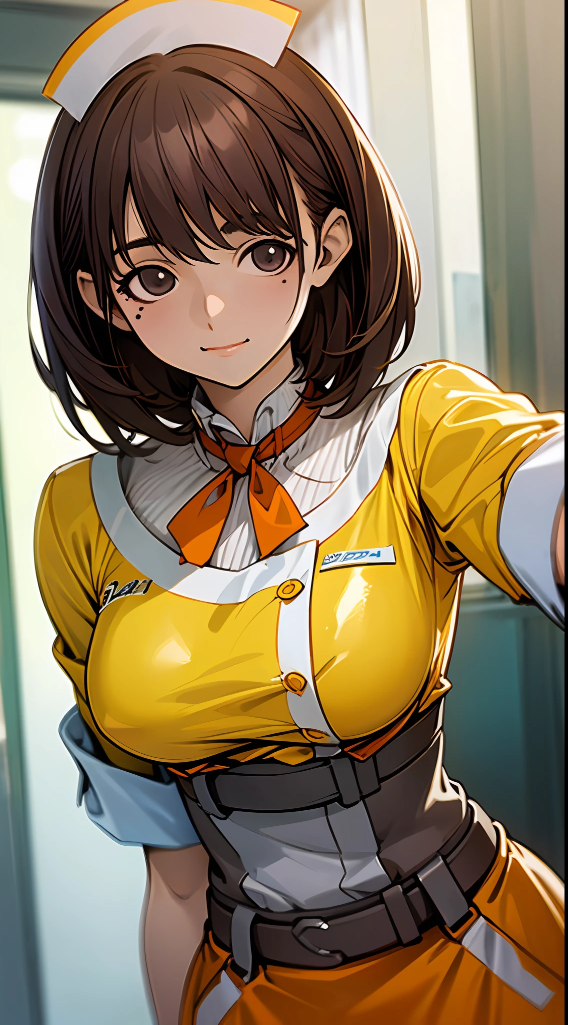 Big anime girl posing in front of the window, (((Waitress Uniform: 1.2)))), ((Yellow Uniform)), ((No Bra)), (Full smile)), ((Upper Body)), ((large breasts)), ((Focus on People)), ((Brown Hair)), ((Look from the front)), (Hands down)), Seductive anime girls, Best Anime 4k Konachan wallpapers, perfect gray haired girls, charming anime girls, 4k anime wallpapers, 4k manga wallpapers, , detailed digital anime art, anime best girls, beautiful anime girls, cyberpunk, detailed anime artwork, beautiful charming anime women