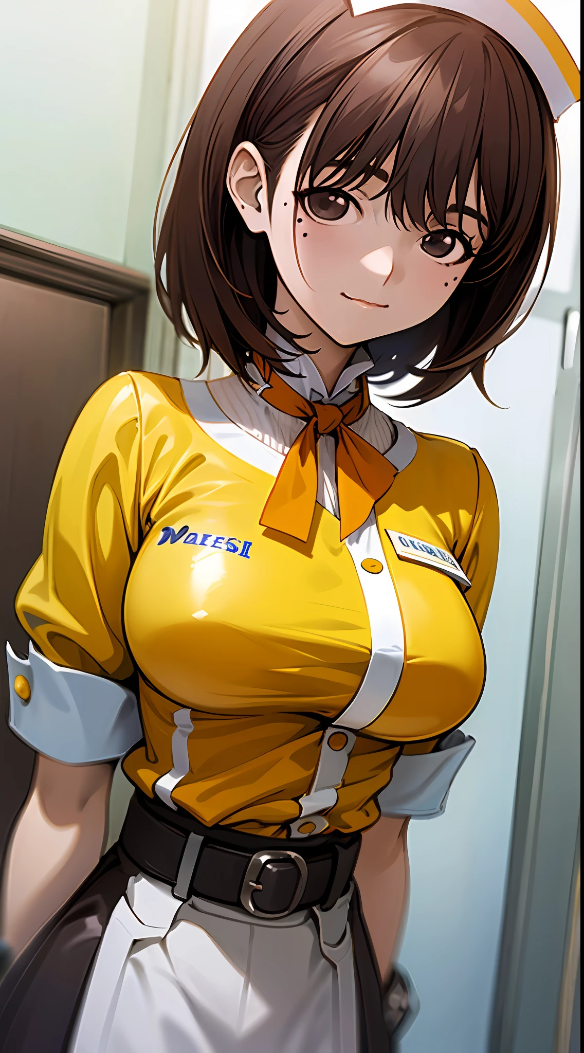 Big anime girl posing in front of the window, (((Waitress Uniform: 1.2)))), ((Yellow Uniform)), ((No Bra)), (Full smile)), ((Upper Body)), ((large breasts)), ((Focus on People)), ((Brown Hair)), ((Look from the front)), (Hands down)), Seductive anime girls, Best Anime 4k Konachan wallpapers, perfect gray haired girls, charming anime girls, 4k anime wallpapers, 4k manga wallpapers, , detailed digital anime art, anime best girls, beautiful anime girls, cyberpunk, detailed anime artwork, beautiful charming anime women