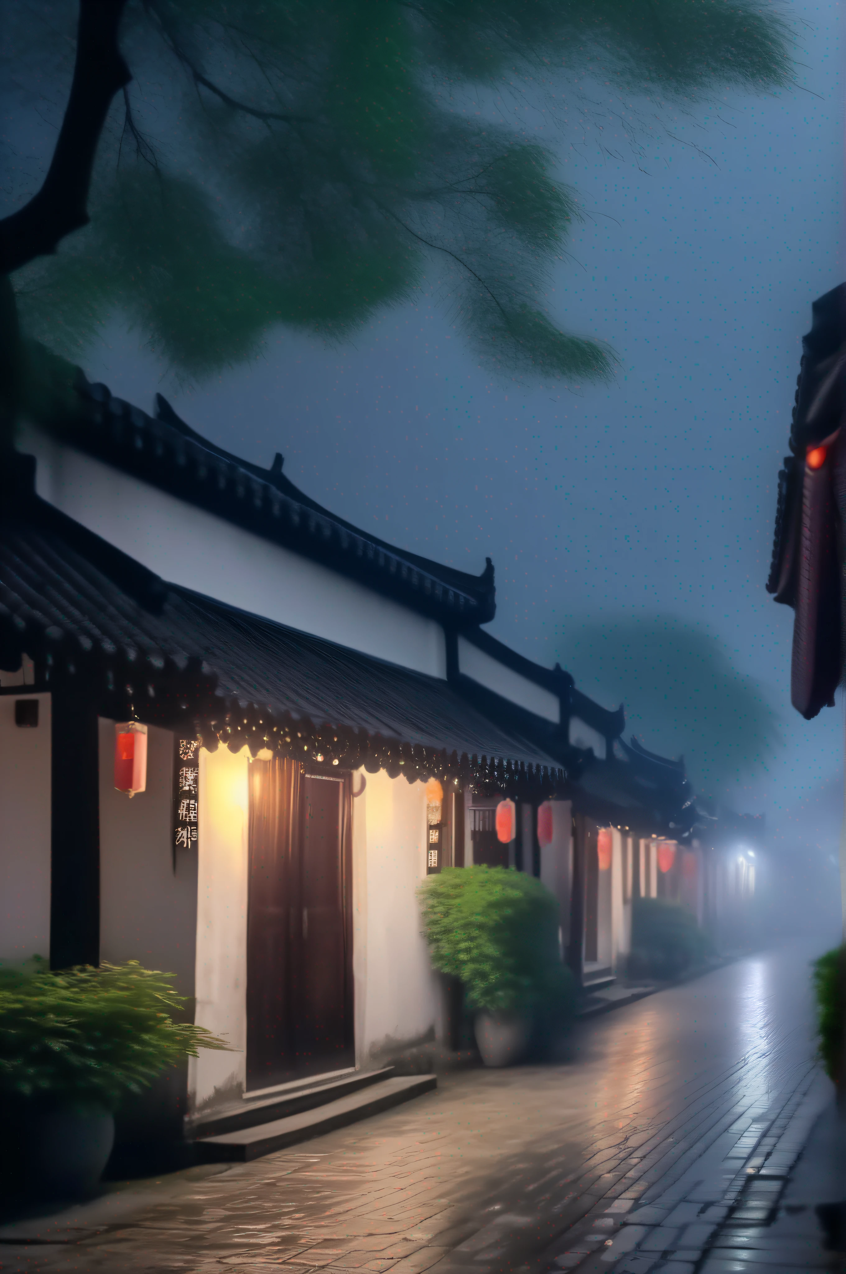 Summer night under the stars, ancient Chinese Jiangnan ancient town, cloudy day, rainy day, path, magical lighting effect, light white fog, 8K HD, ultra HD, light volume, soft, quiet, gentle