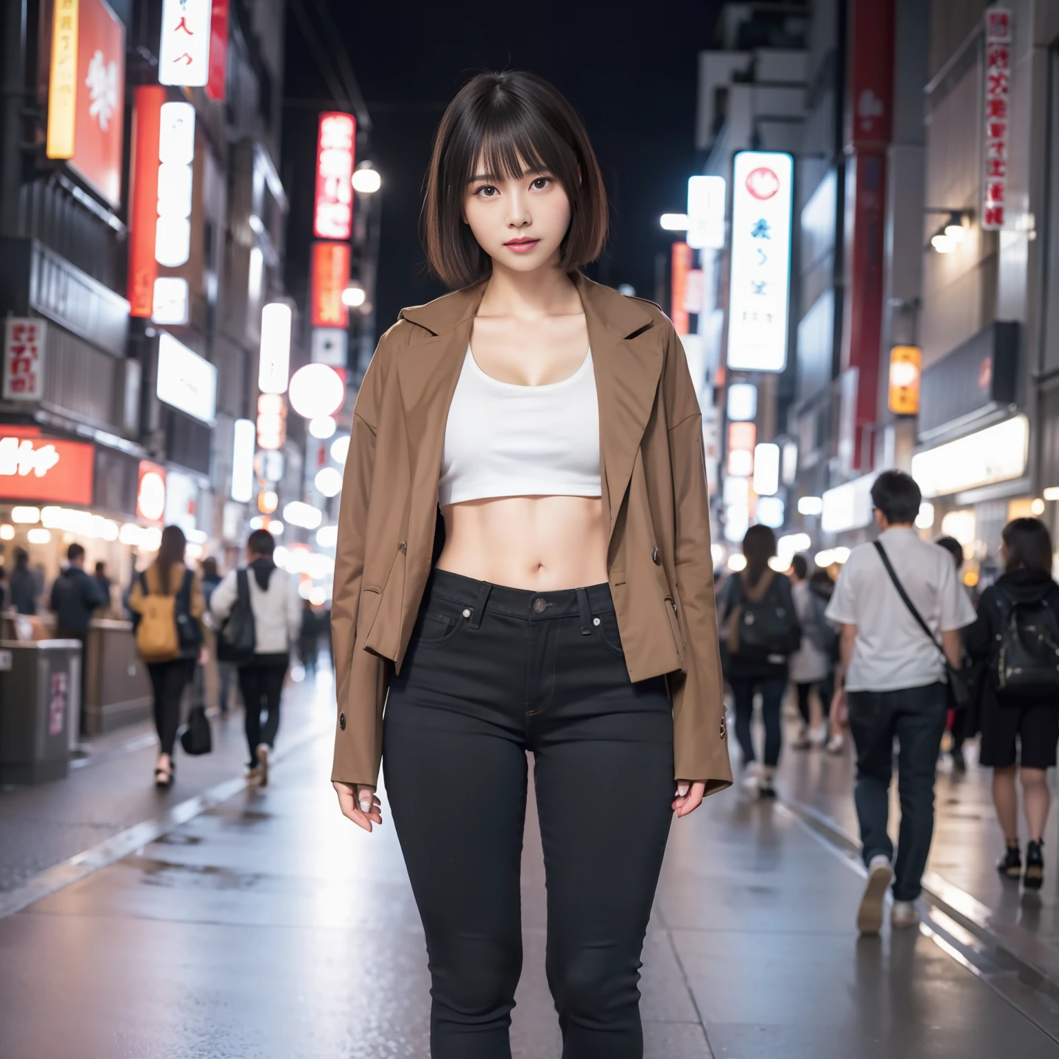 1girl, Tokyo street, night, cityscape, city lights, upper body, close-up, 8k, raw photo, best quality, masterpiece, realistic, photorealistic, brown hair, bob hair, sagging eyes, muscular, slender, full body, detailed fingertips, one woman, solo