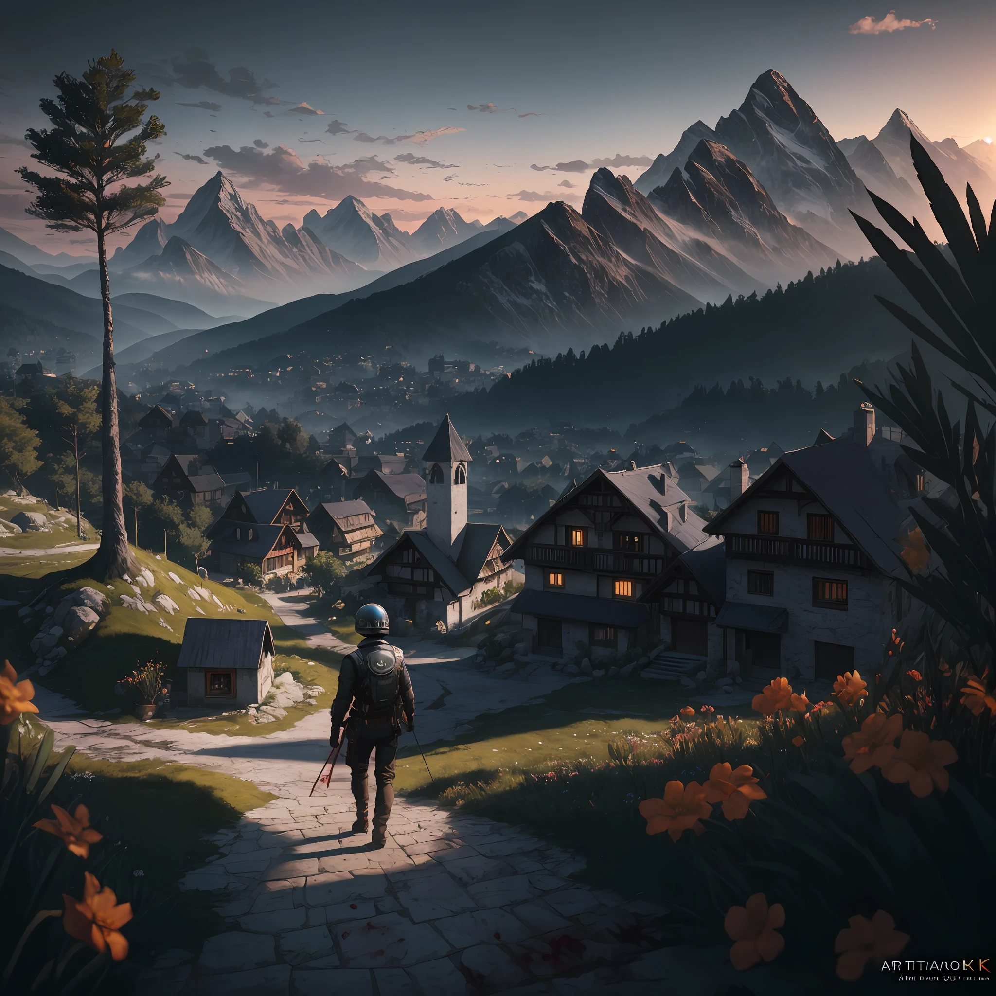 cinematic, (detailed), unparalleled magical energy, (very detailed CG unity 8k wallpaper), Photorealistic, color, (bloom:0.5), surreal photo, trees, AMONG US, straight on, alpine mountain, helmet, realistic lighting, (soft light), isometric render of the kitchen interior of a scary village house at dusk game art, (8k:1.1), sunset, palm trees, Antonio Moro, mountains, artstation, muted colors, building, art by greg rutkowski and artgerm, (wrinkled face), film grain, illustration, (((dark bloody clothing))), physically-based rendering, insane details, art by artgerm, skin tight white bodysuit, spring, (masterpiece, digital painting:1.1, wide_landscape)