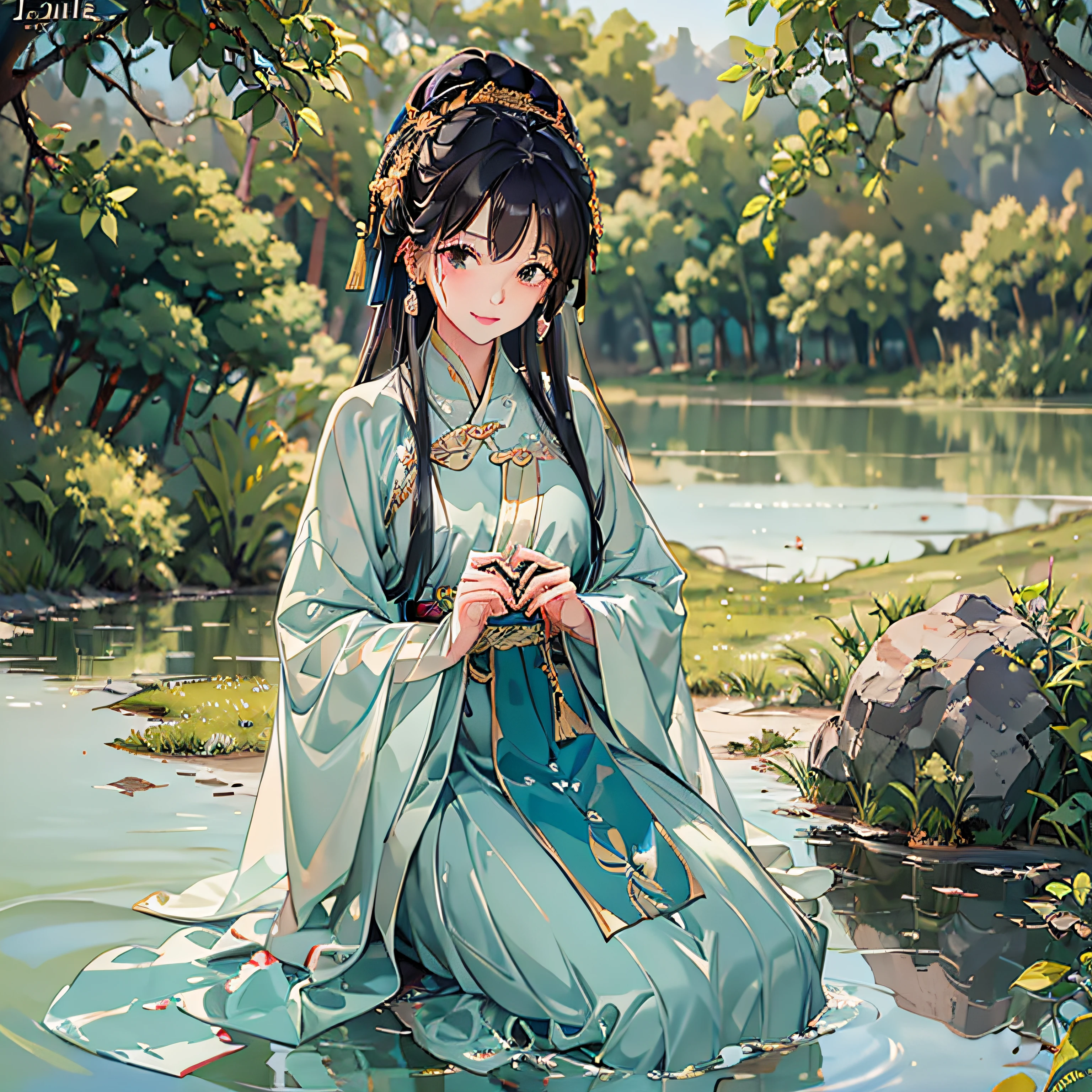 A young girl from the Tang Dynasty in China, the girl is very happy, the girl is looking at her reflection through the water, seeing the complete reflection of the water reflecting her own appearance, the complete reflection composition, the complete water surface. Located by the lake in the forest, the atmosphere is bright and warm. The lights are bright. #幻想, #uplifting #pastels, official art, unified 8k wallpapers, super detailed, beautiful and aesthetic, masterpiece, best quality, --auto