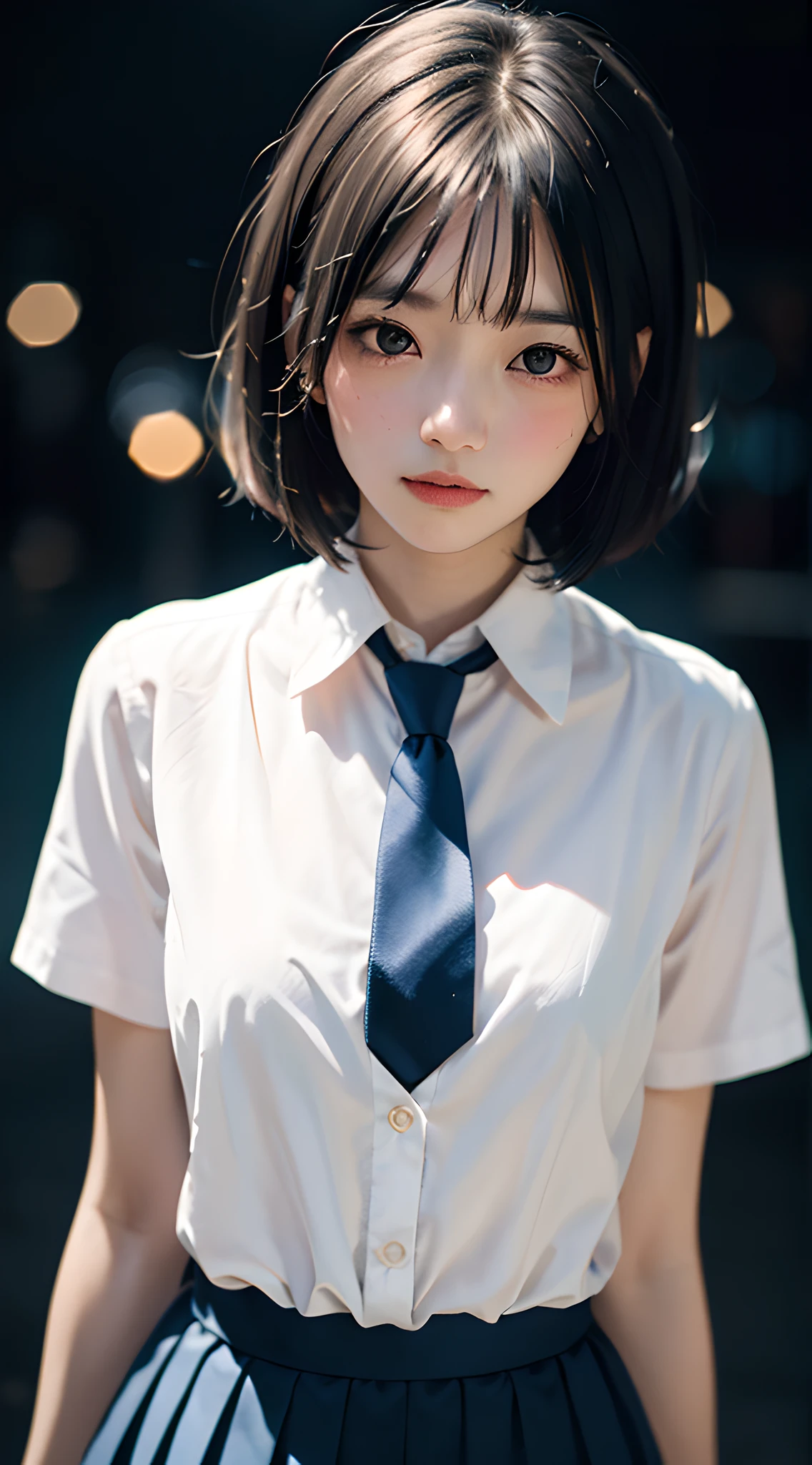(masterpiece, best quality:1.4), beautiful girl, pretty face, (white dress shirt:1.2), short sleeve, 8k, 50mm portrait, official art, raw photo, absurdres, natural, candid, cute, upper body, street, bobcut hair, (blue tie, navy pleated skirt:1.3), slender, thin waist, thin arms, (short torso, large breasts:0.6), facelight, no makeup, crisp lighting, diffused lighting, film grain, chromatic aberration, sharp focus, (bokeh:1.2), (dark background, blurred background:1.5)