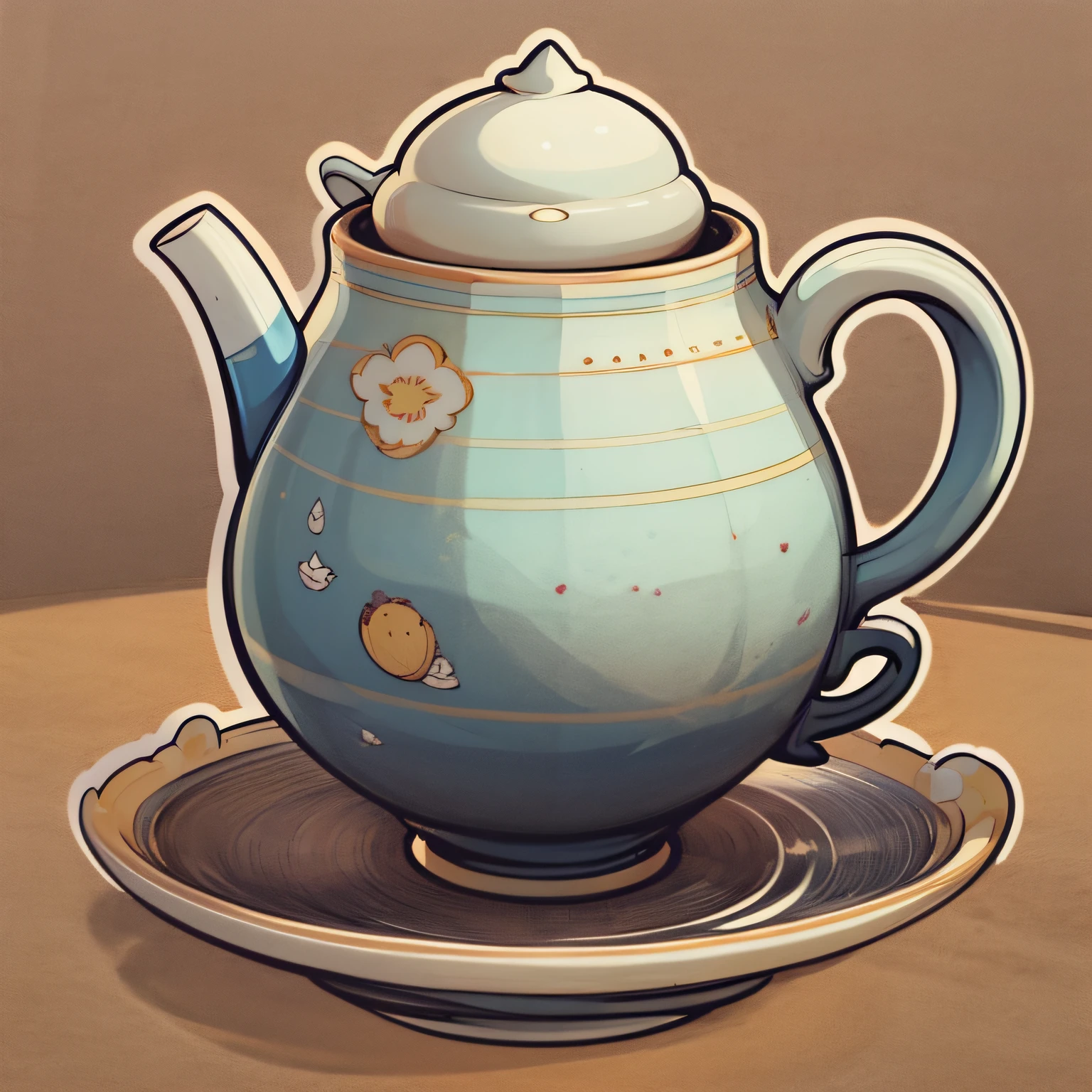 Cartoon style, fine line drawing, a European teapot, a European teacup placed on the tea tray