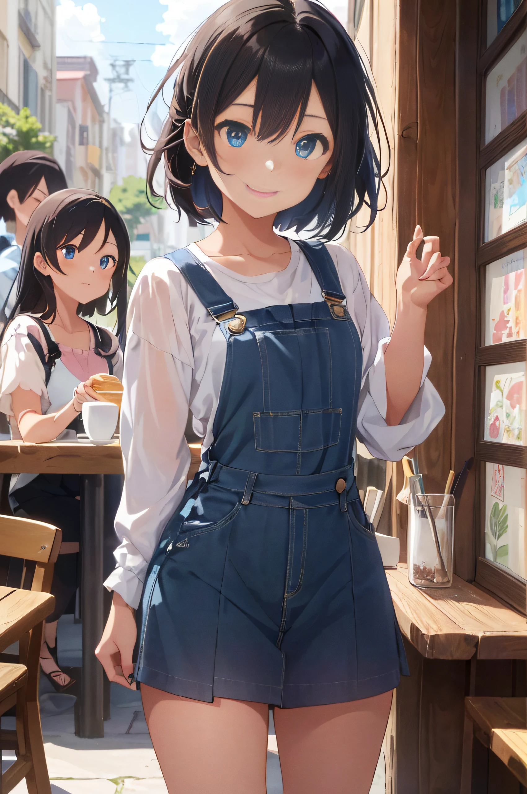 ((Masterpiece)), ((Best Quality), (Super Detail), 8K, delicate depictions of two young women shot in anime style. Break, she has very long pink hair and bright blue eyes, and her hair is in a ponytail. Her blue eyes are emphasized. Break, the other is a semi-long woman with black hair. Breaking, the costume of the two is the summer clothes of a young woman, the overall tone is bright, and her features and outfits are also depicted in detail. She is having lunch with her friends at a café. She is smiling. They have their eyes on their friends. It's a way of opening your mouth as if you're having a conversation.