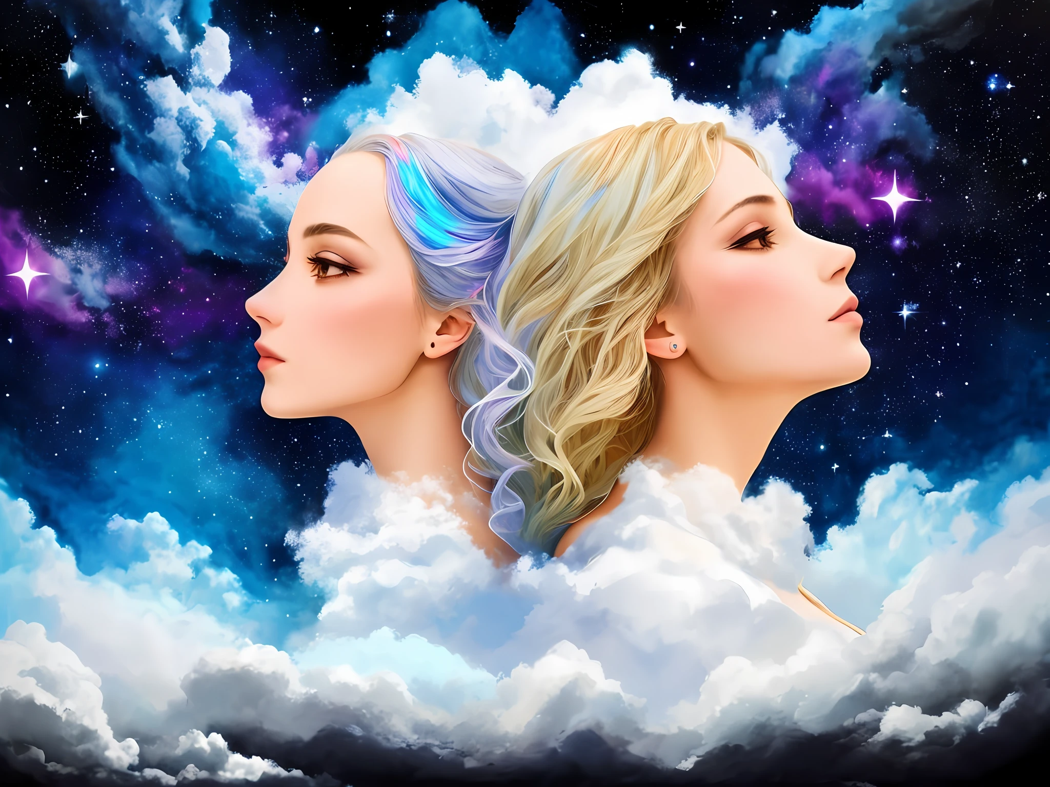 2 women made of clouds, cloud body, star background, incredibly beautiful, masterpiece, detailed background, (full body portrait: 1.1), celestial background, ultra high quality model, ethereal background, abstract beauty, explosive volume, oil painting, heavy strokes, ink drip, volumetric clouds, iridescent stars, night, white clouds, black and white,