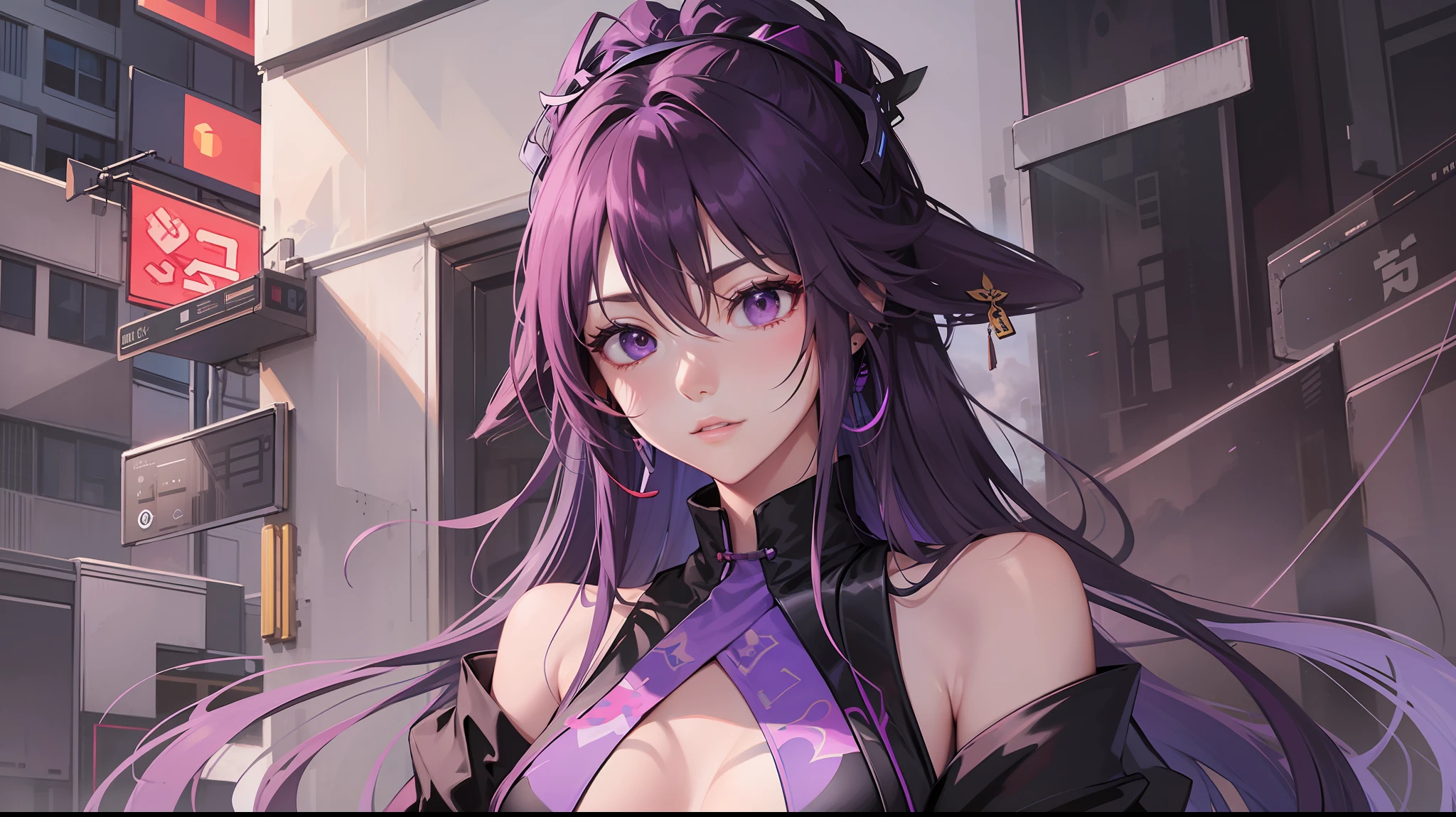 Ninja woman with peace sense headset, closed eyes, beautiful face, RGB colors, bright purple hair, anime, bright background, banner for youtube video, happy girl, clouds with RGB colors, bright RGB colors, full.