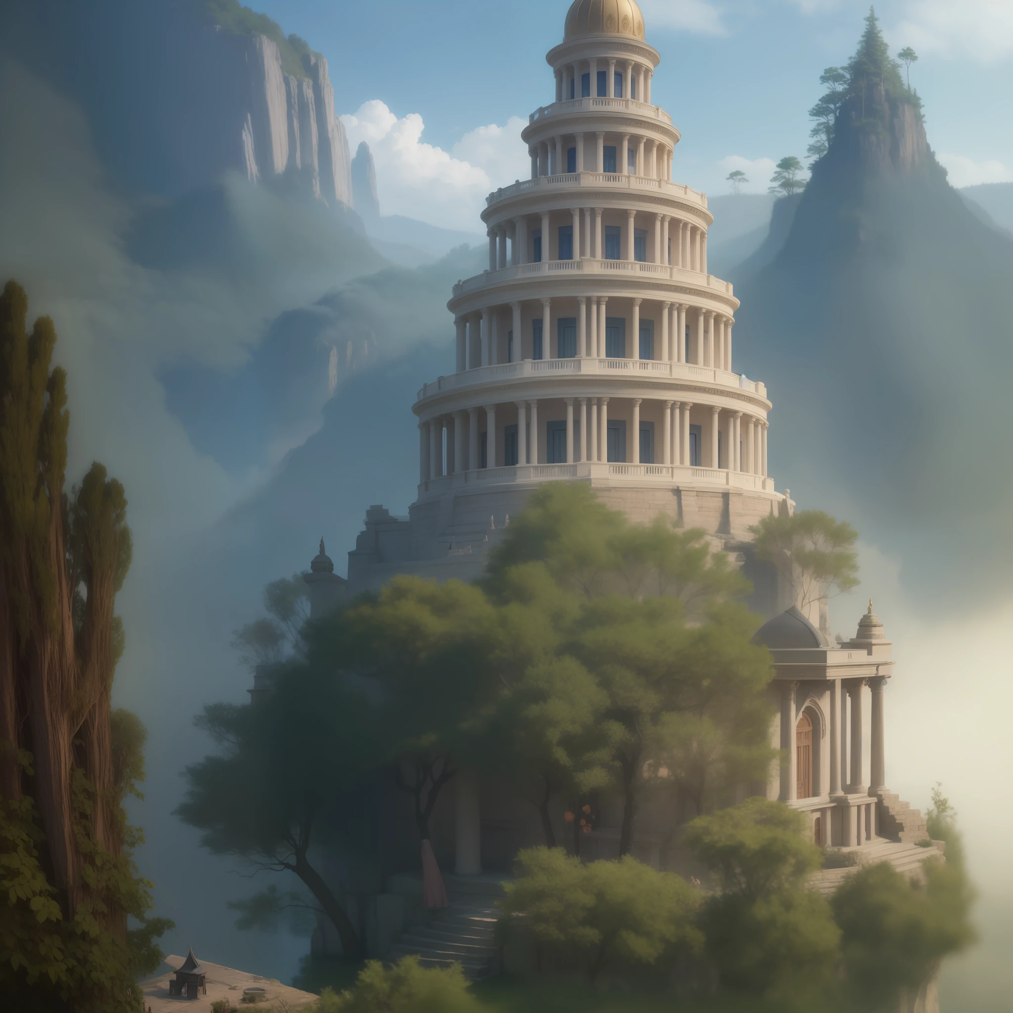 Fantastic fairytale image of a temple seen from a high rock. Digital painting, artstation, concept art, soft focus, sharp, illustration.