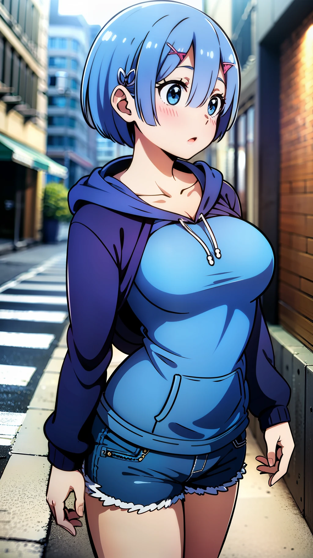 Masterpiece, rem rezero, blue eyes, surprised face, blue hoodie, medium breasts, dark shorts, arms at the sides, in the middle of the street, front view,