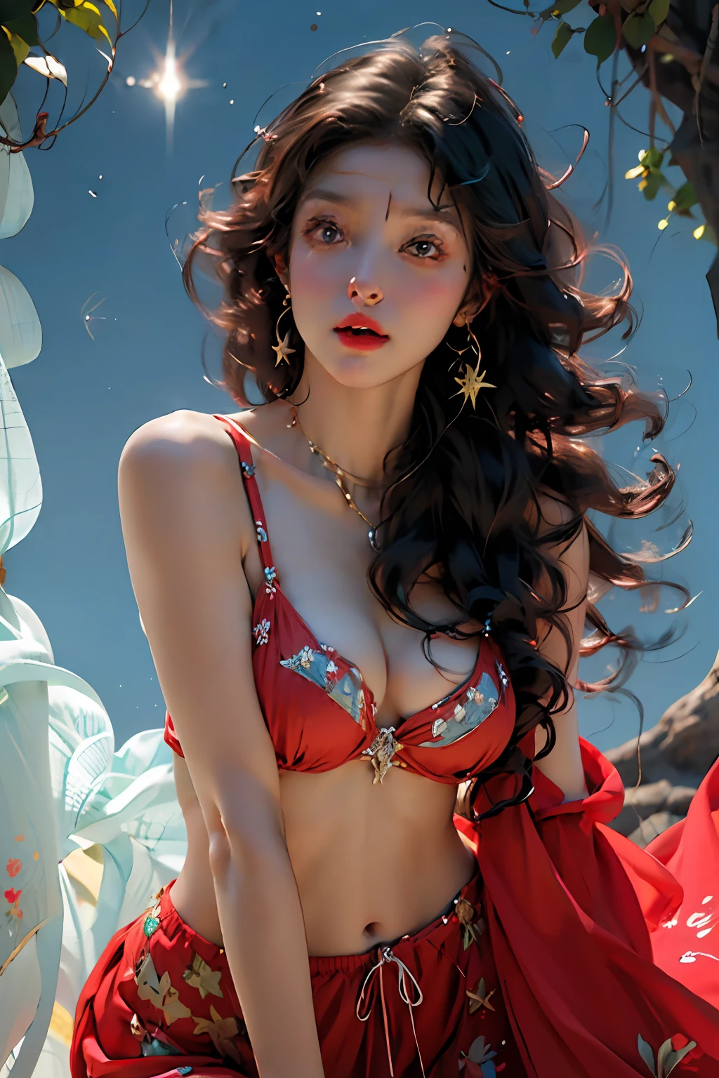 Ultra-detailed face, pronounced curves, dreamy, no clothes covered, bra transparent, bra unable to cover areola exposure, sagging breasts, sexy plump, cute, fleshy thighs, magical jungle, colorful colors, HD, best quality, light and shadow balance, sky, sky, starry sky, bright starlight