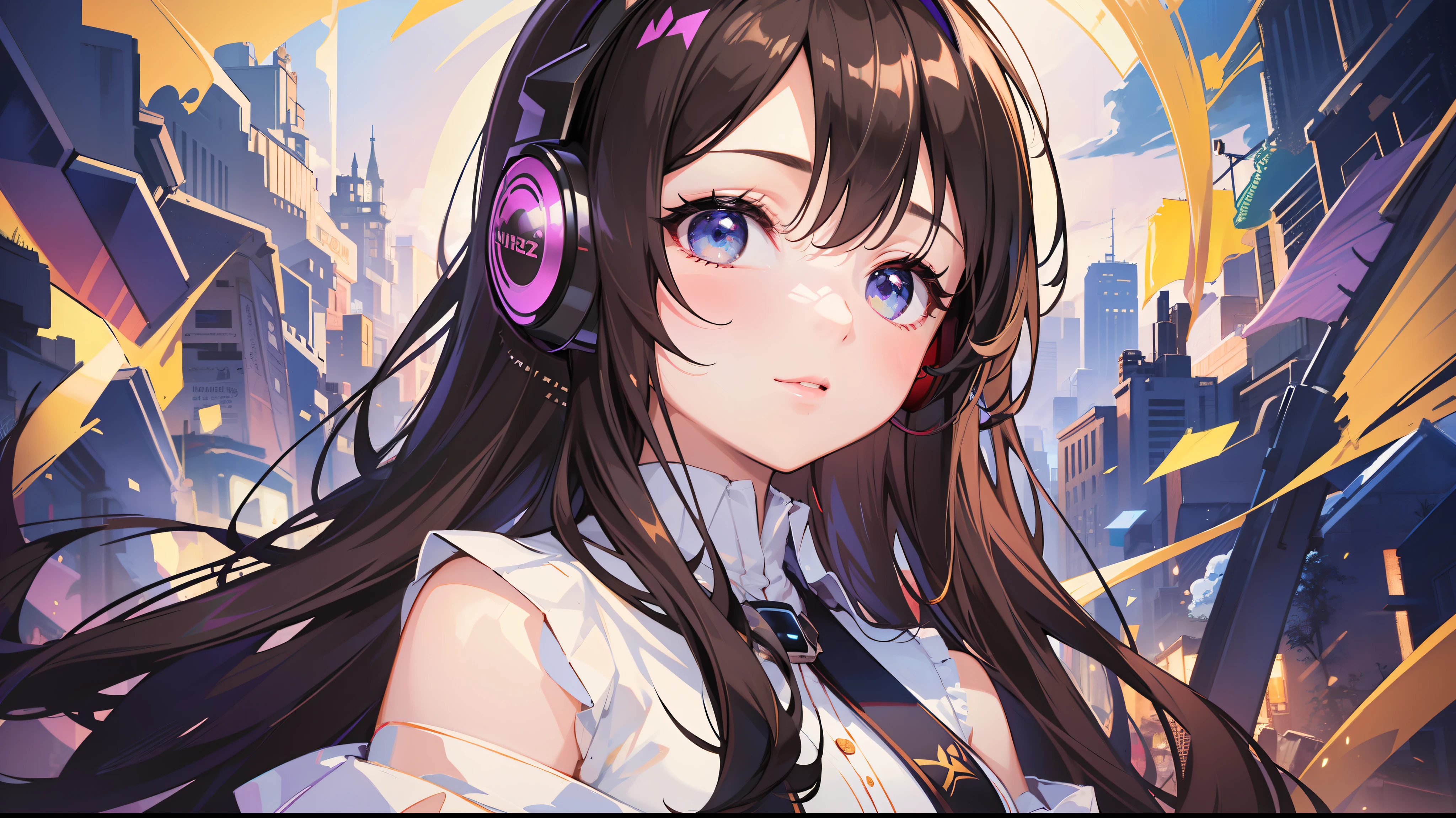 Ninja woman with peace sense headset, closed eyes, beautiful face, RGB colors, bright purple hair, anime, bright background, banner for youtube video, happy girl, clouds with RGB colors, bright RGB colors, full.
