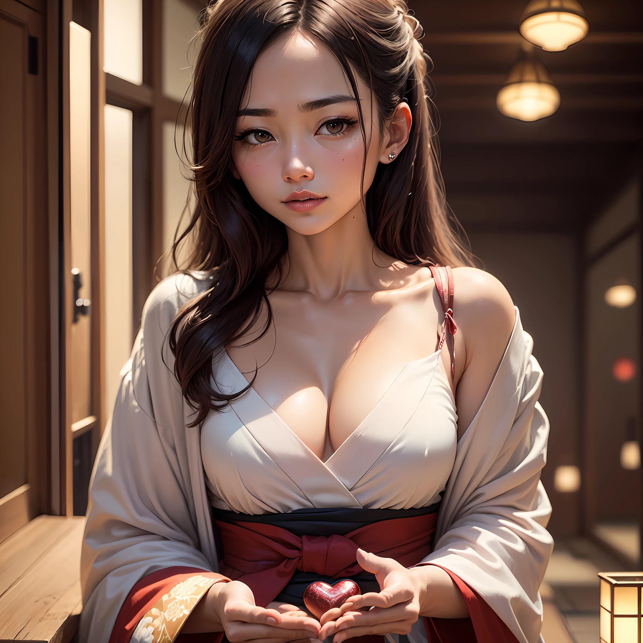 (masterpiece, top quality, high resolution, absurdity, detail: 1.2), (Japan man, beautiful female heart, abstract, artistic), gentle, heartwarming, one beautiful woman, emotional, animalless, beautiful heart, feminine, mysterious, warm impression, gentle heart of a woman, ((beautiful Japan woman, upper body facing forward, beautiful woman staring at glowing objects in both hands)), --auto