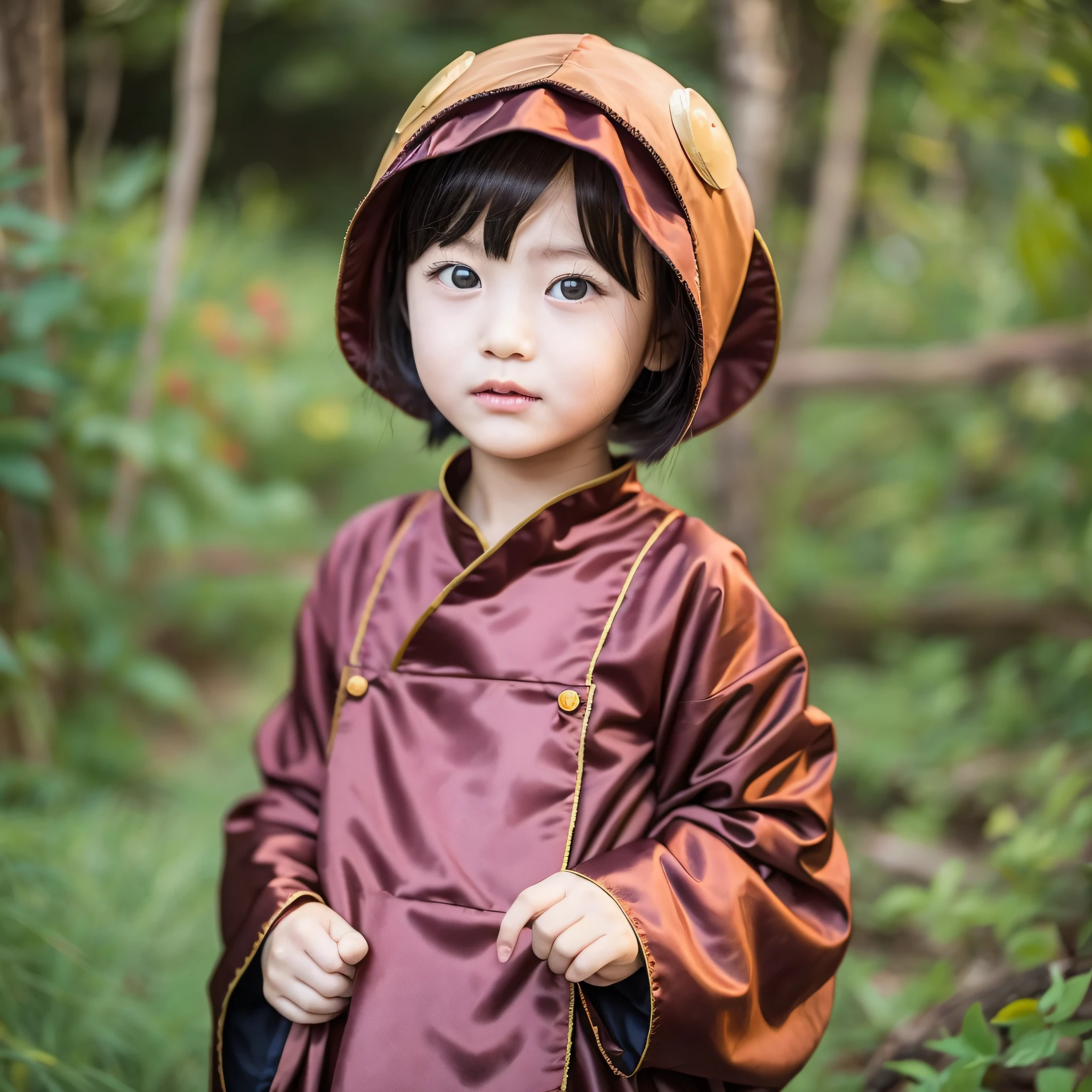 5--old nese girl, wearing a loose monk costume, faces the camera and blurs the background